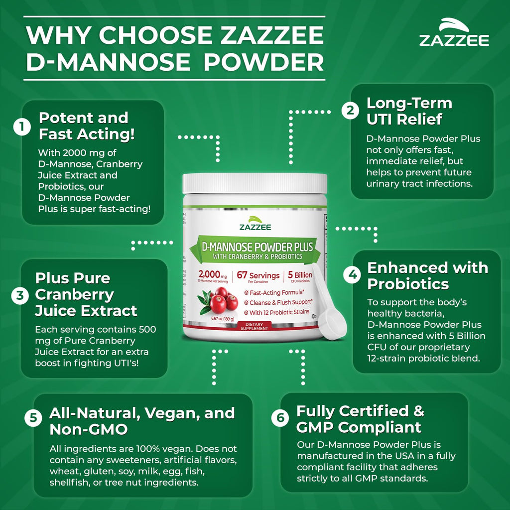 Zazzee D-Mannose Powder Plus 2000 mg | 67 Servings | Probiotics + Cranberry Extract | Kosher, Gluten-Free, Non-GMO