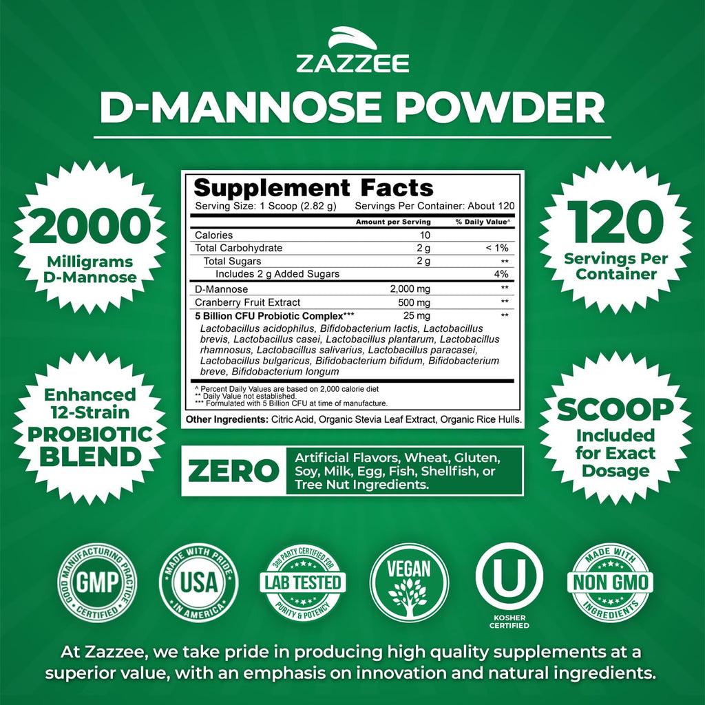 Zazzee D-Mannose Powder Plus with Probiotics & Cranberry Juice Extract | 2000 mg, 120 Servings