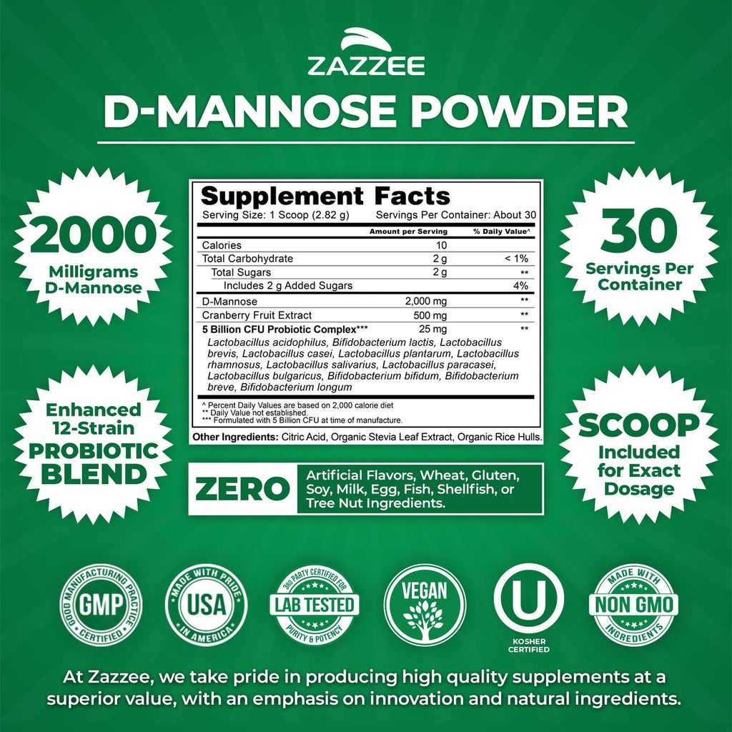 Zazzee D-Mannose Powder Plus – 2000 mg, Probiotics, Cranberry, 30 Servings