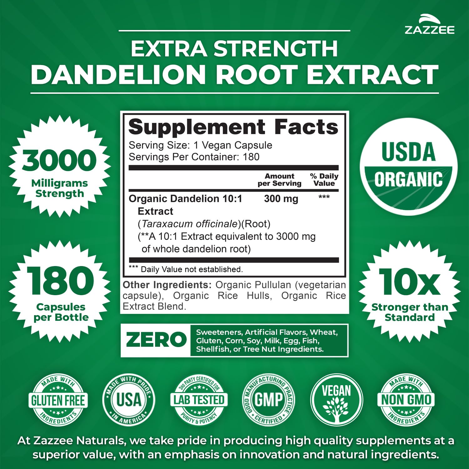 Zazzee USDA Organic Dandelion Root 10:1 Extract – 3000 mg, 180 Capsules, 6 Month Supply
