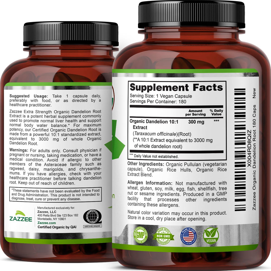 Zazzee USDA Organic Dandelion Root 10:1 Extract – 3000 mg, 180 Capsules, 6 Month Supply