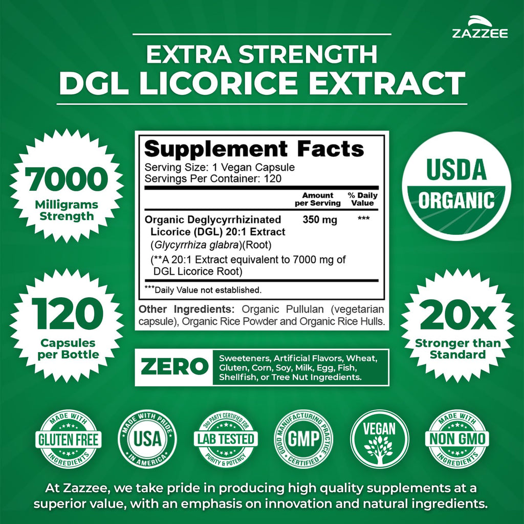 Zazzee USDA Organic DGL Licorice 7000 mg | 20:1 Extract | 120 Veg Capsules
