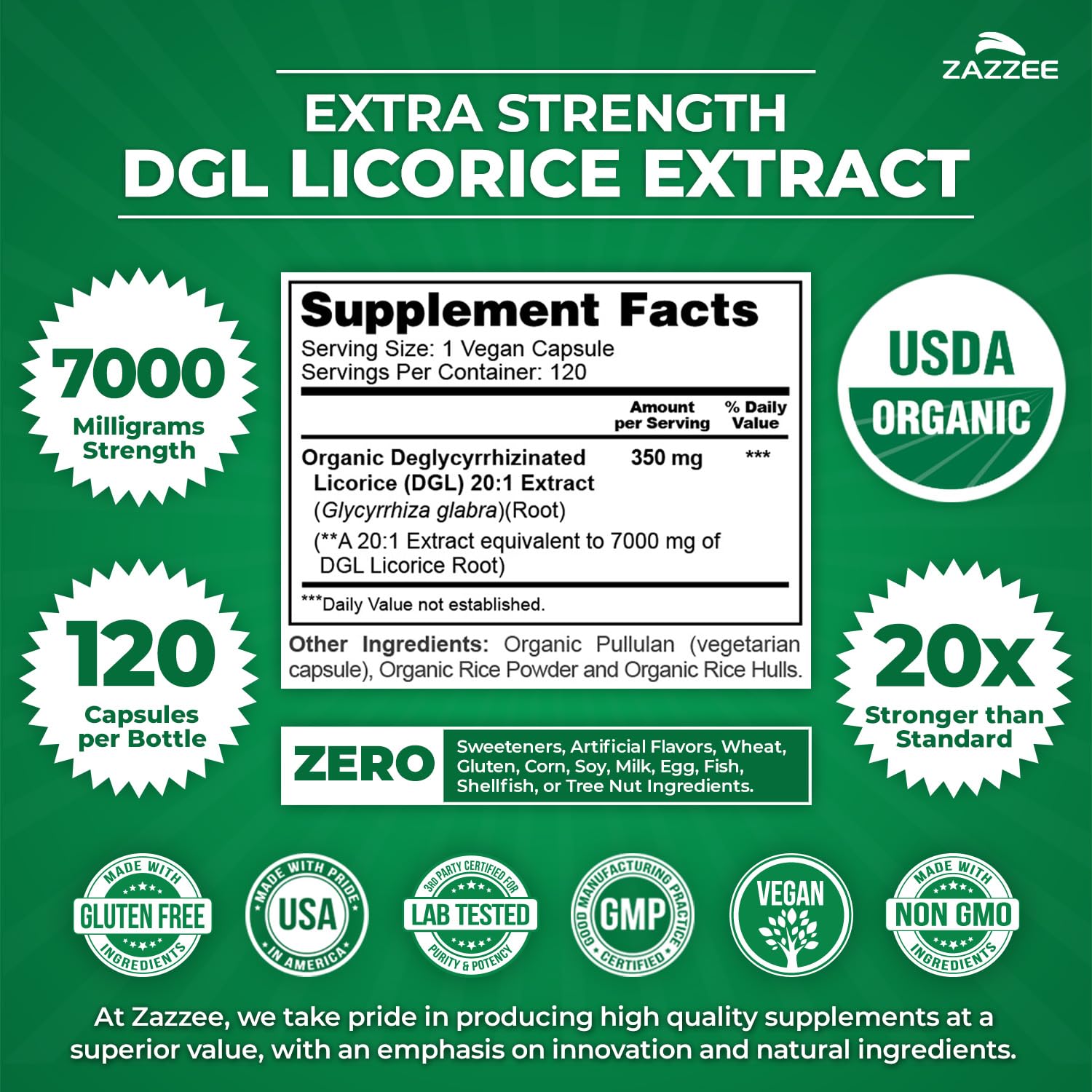 Zazzee USDA Organic DGL Licorice 7000 mg | 20:1 Extract | 120 Veg Capsules