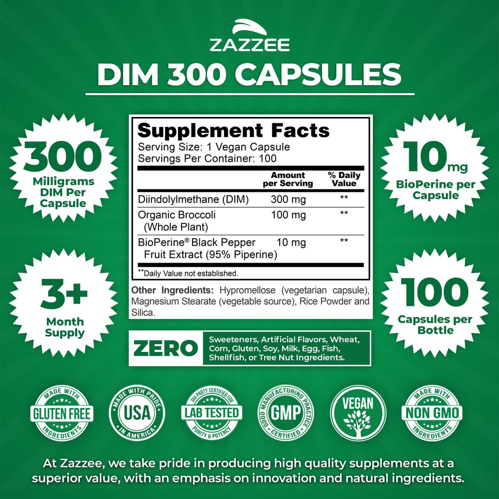 Zazzee DIM 300 mg per Capsule + BioPerine | 100 Count, Vegan, Non-GMO