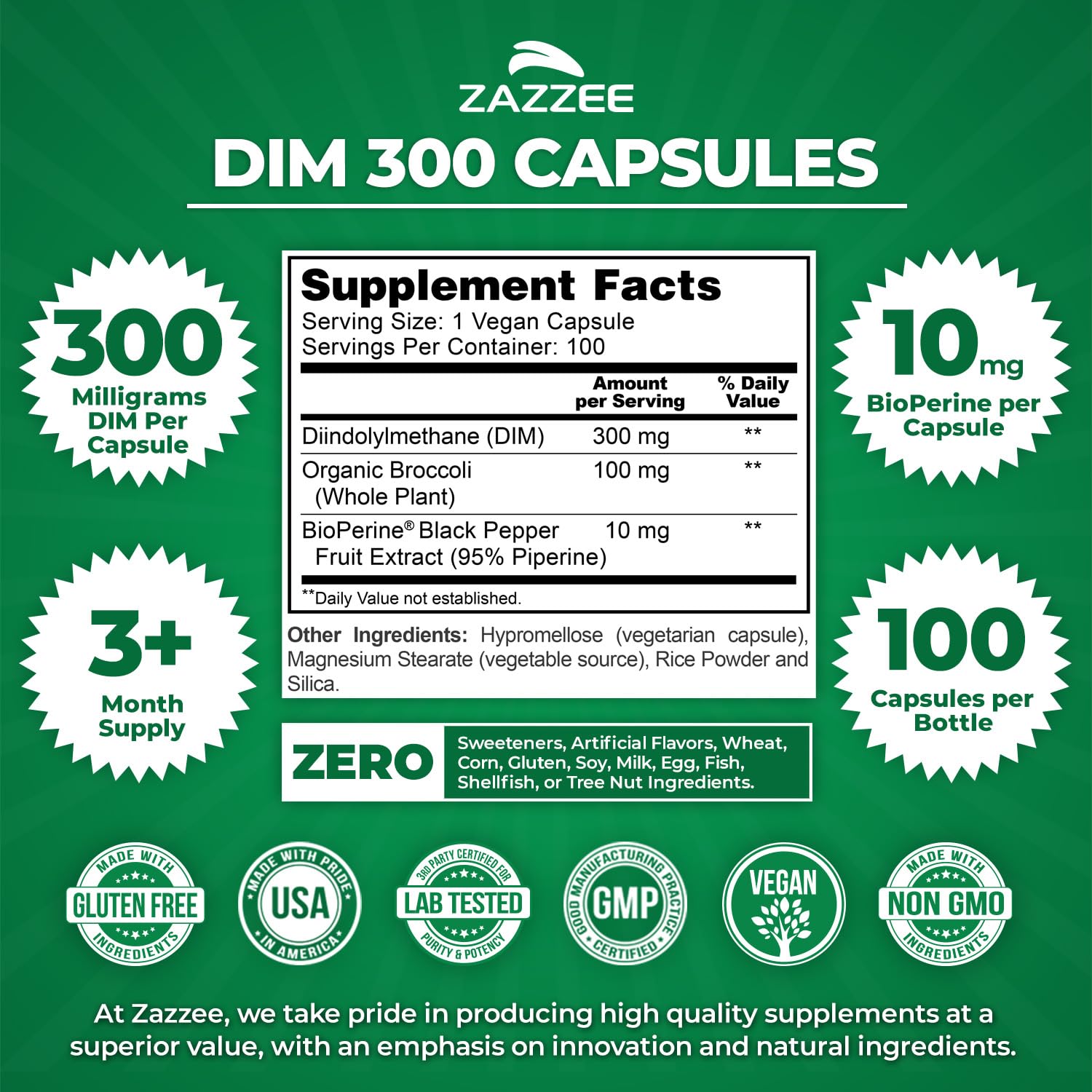 Zazzee DIM 300 mg per Capsule + BioPerine | 100 Count, Vegan, Non-GMO
