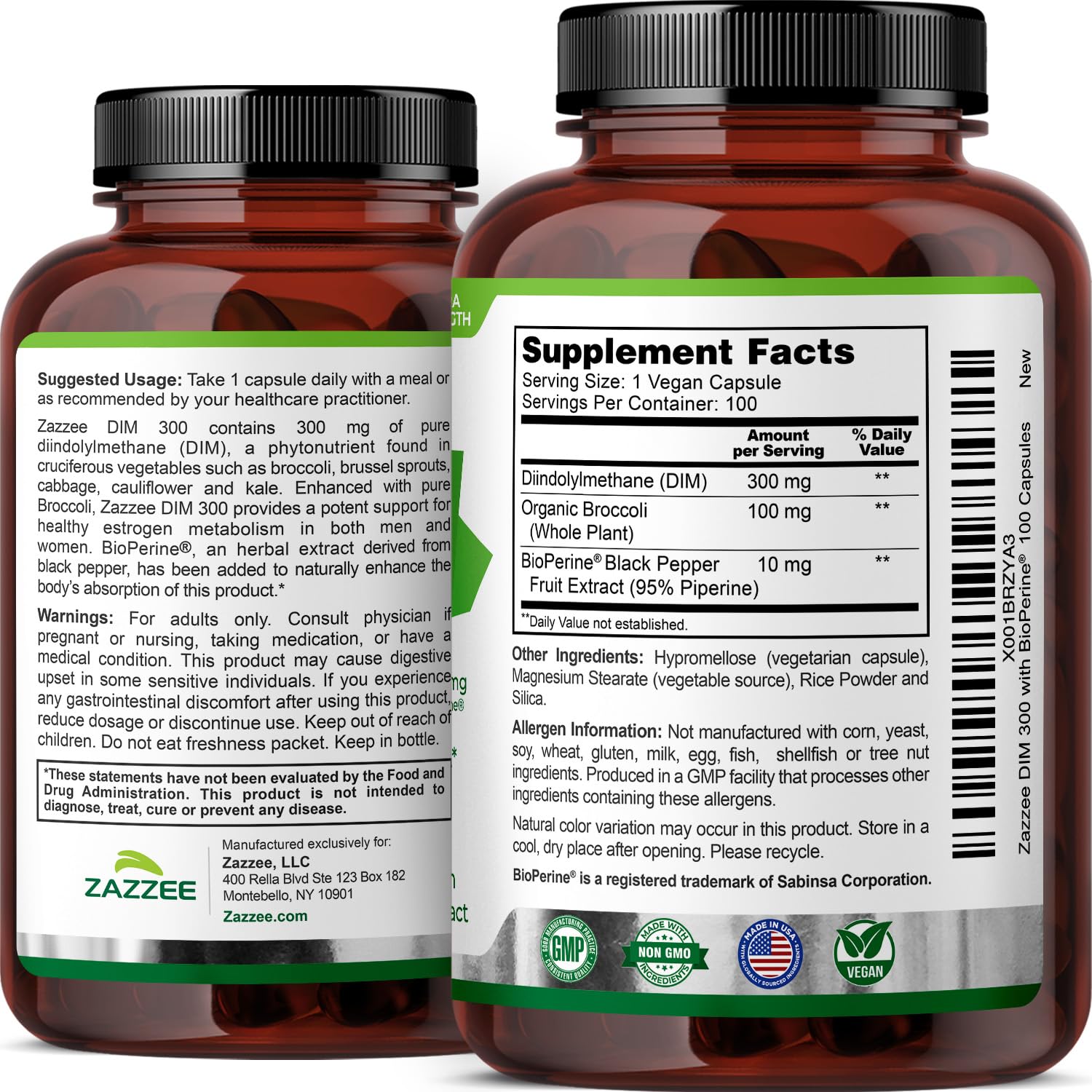 Zazzee DIM 300 mg per Capsule + BioPerine | 100 Count, Vegan, Non-GMO
