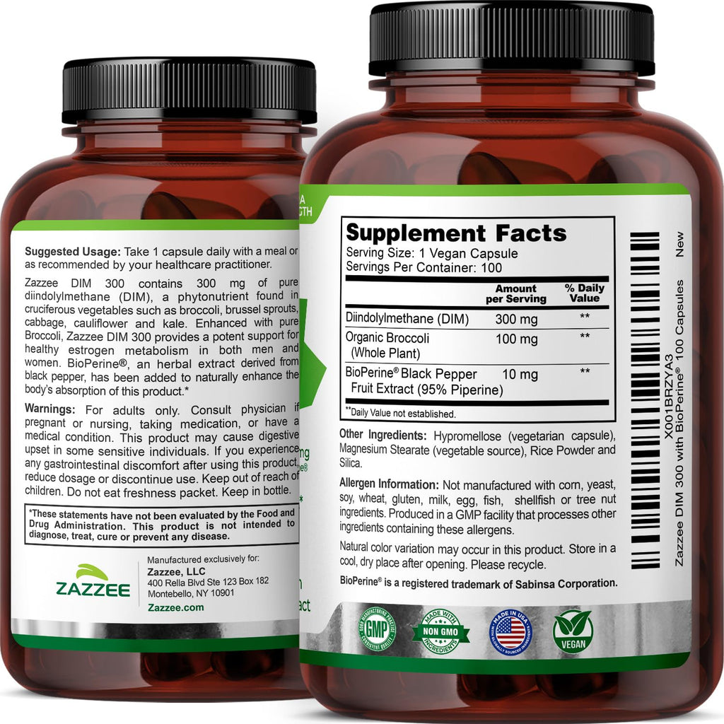 Zazzee DIM 300 mg per Capsule + BioPerine | 100 Count, Vegan, Non-GMO