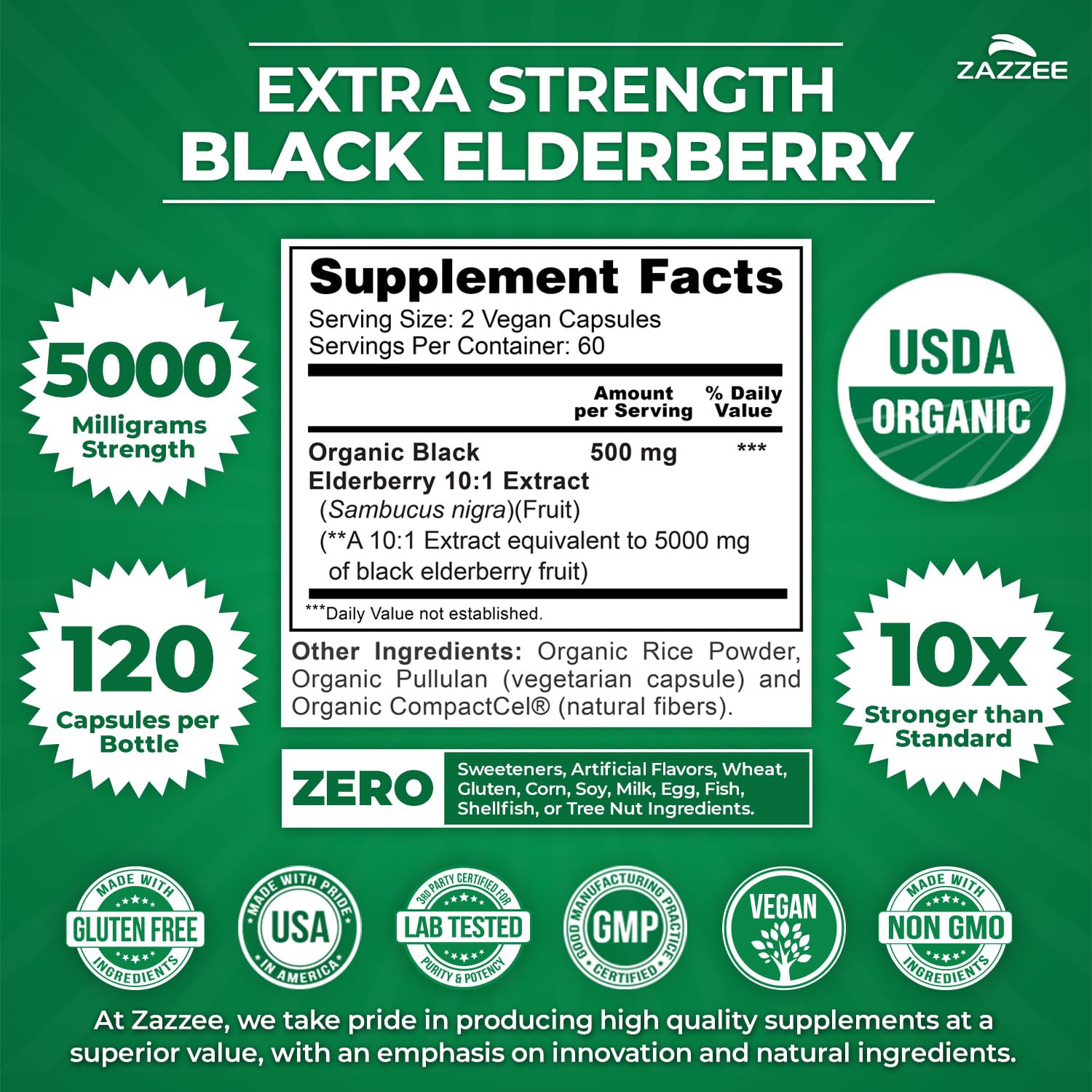 Zazzee USDA Organic Black Elderberry 10:1 Extract – 5000 mg, 120 Capsules