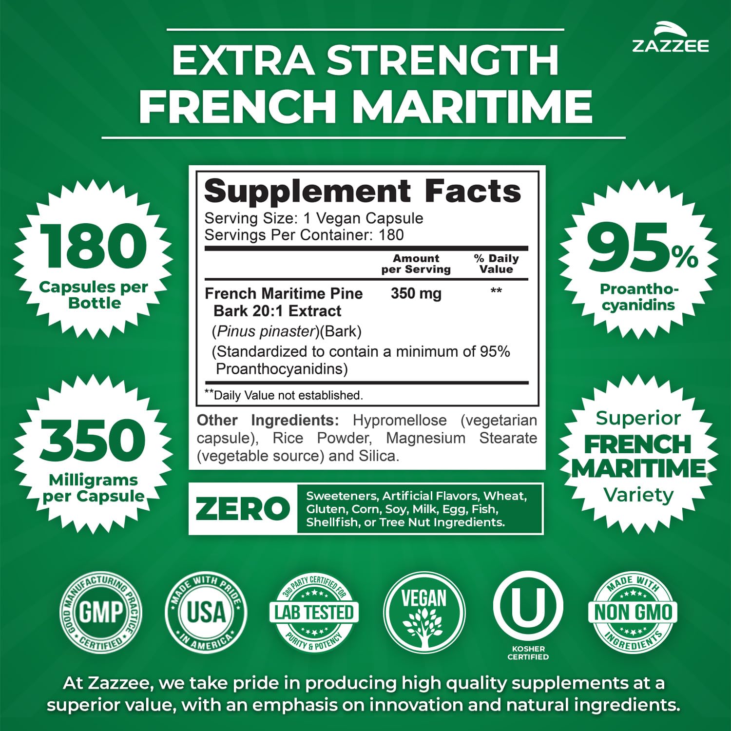Zazzee Extra Strength French Maritime Pine Bark Extract 20:1 – 350 mg per Capsule, 180 Vegan Capsules