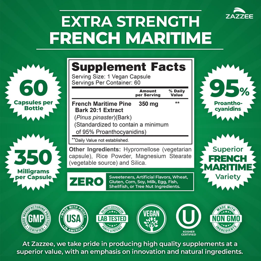 Zazzee French Maritime Pine Bark 350 mg - 60 Vegan Capsules, 95% Proanthocyanidins