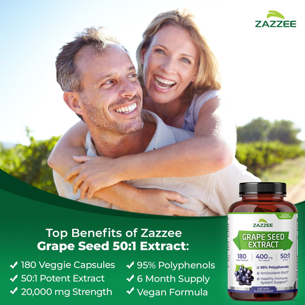 Zazzee High Strength Grape Seed Extract 50:1 – 180 Vegan Capsules, 95% Polyphenols, 400 mg per Capsule, 6 Month Supply, Made in USA