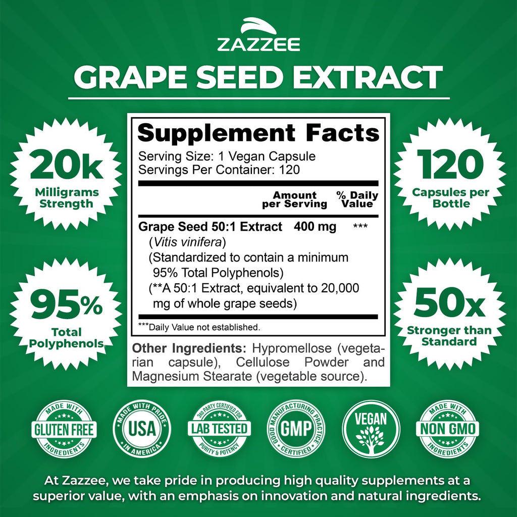 Zazzee Grape Seed Extract 50:1 – 120 Vegan Capsules | 95% Polyphenols