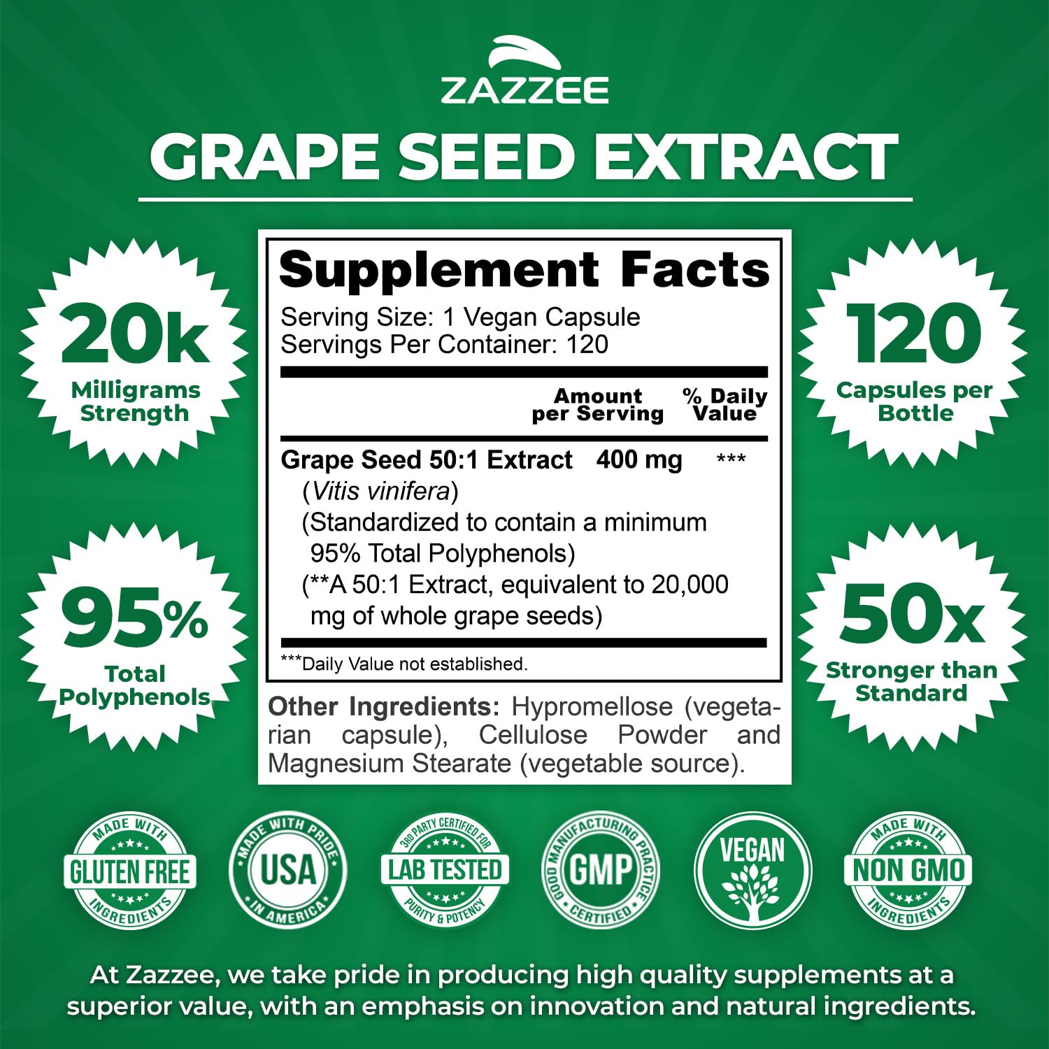 Zazzee Grape Seed Extract 50:1 – 120 Vegan Capsules | 95% Polyphenols