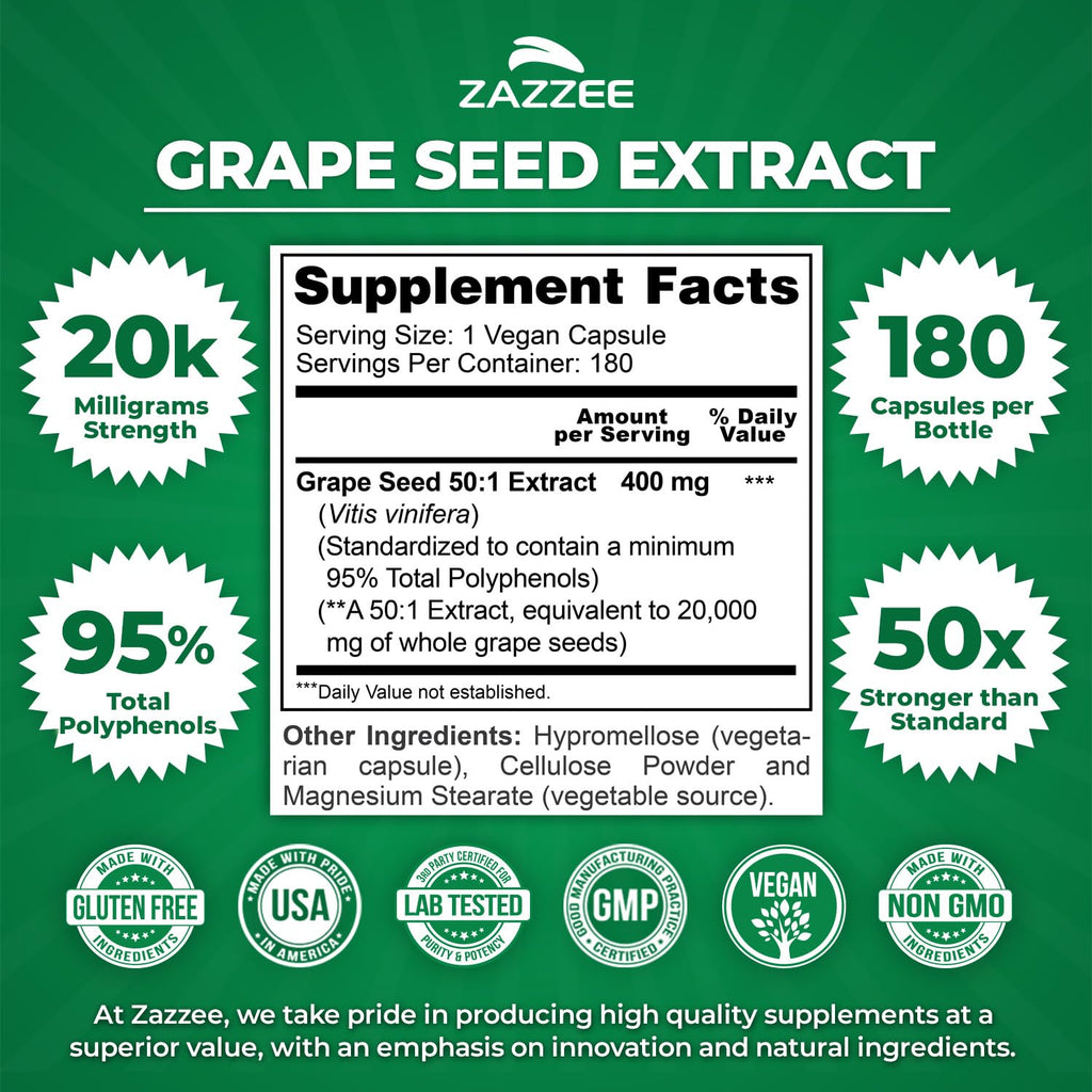 Zazzee High Strength Grape Seed Extract 50:1 – 180 Vegan Capsules, 95% Polyphenols, 400 mg per Capsule, 6 Month Supply, Made in USA
