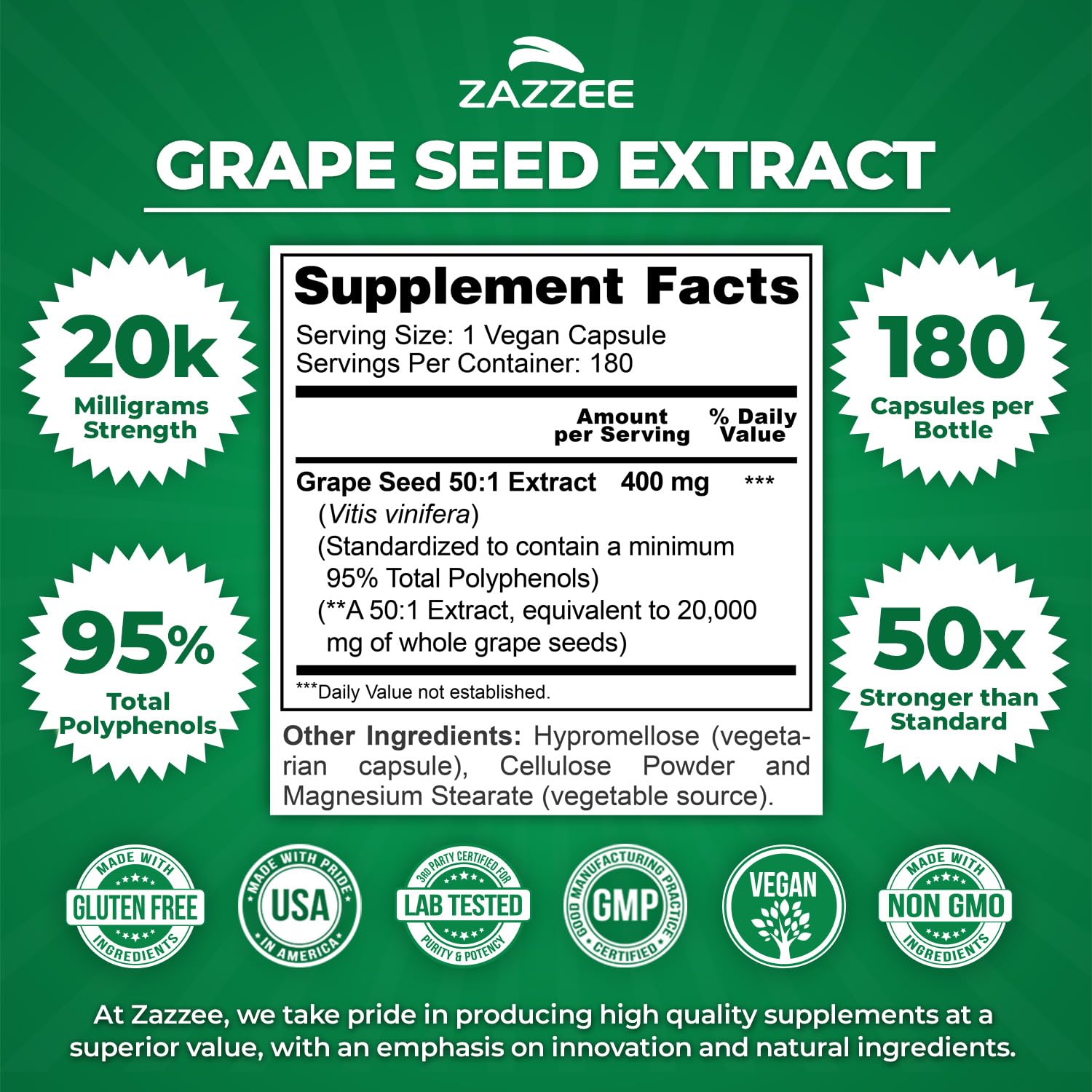 Zazzee High Strength Grape Seed Extract 50:1 – 180 Vegan Capsules, 95% Polyphenols, 400 mg per Capsule, 6 Month Supply, Made in USA