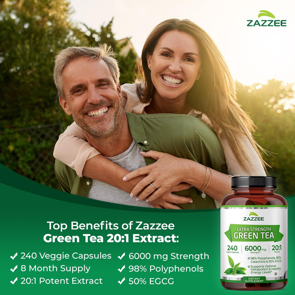 Zazzee Extra Strength Green Tea 20:1 Extract – 6000 mg, 8-Month Supply, 240 Vegan Capsules, 50% EGCG, 98% Polyphenols