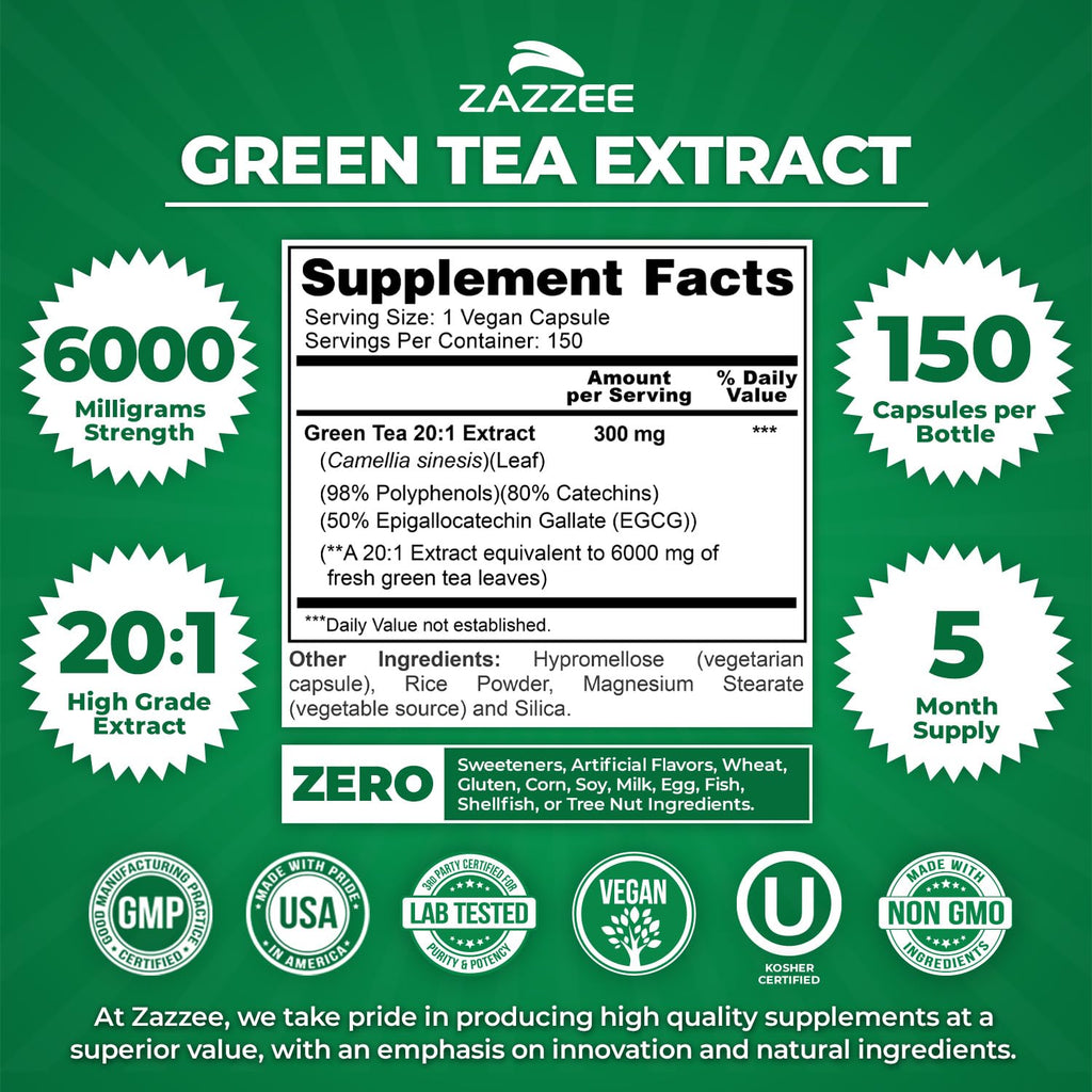 Zazzee Extra Strength Green Tea 20:1 Extract – 6000 mg, 50% EGCG, 150 Capsules, Non-GMO