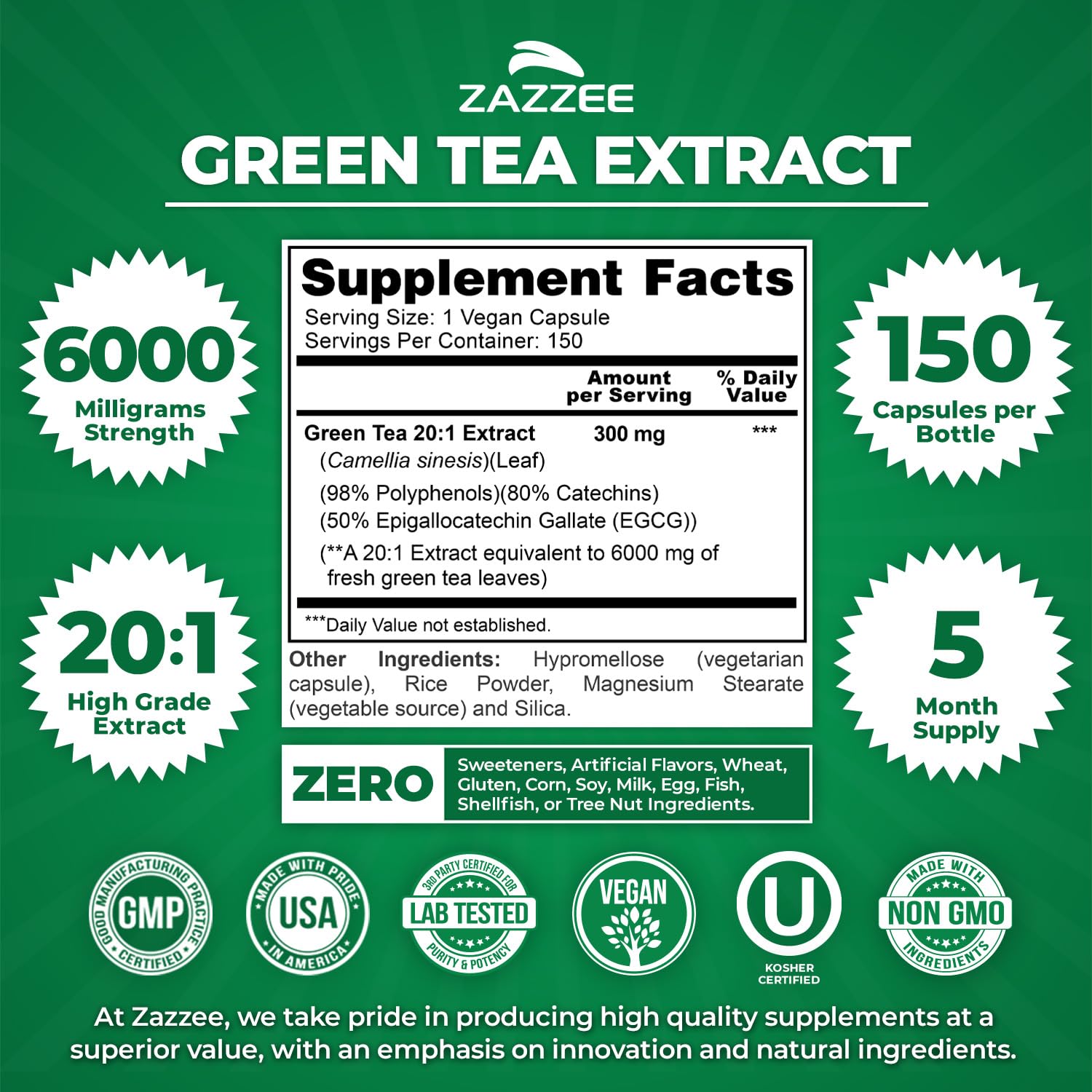 Zazzee Extra Strength Green Tea 20:1 Extract – 6000 mg, 50% EGCG, 150 Capsules, Non-GMO