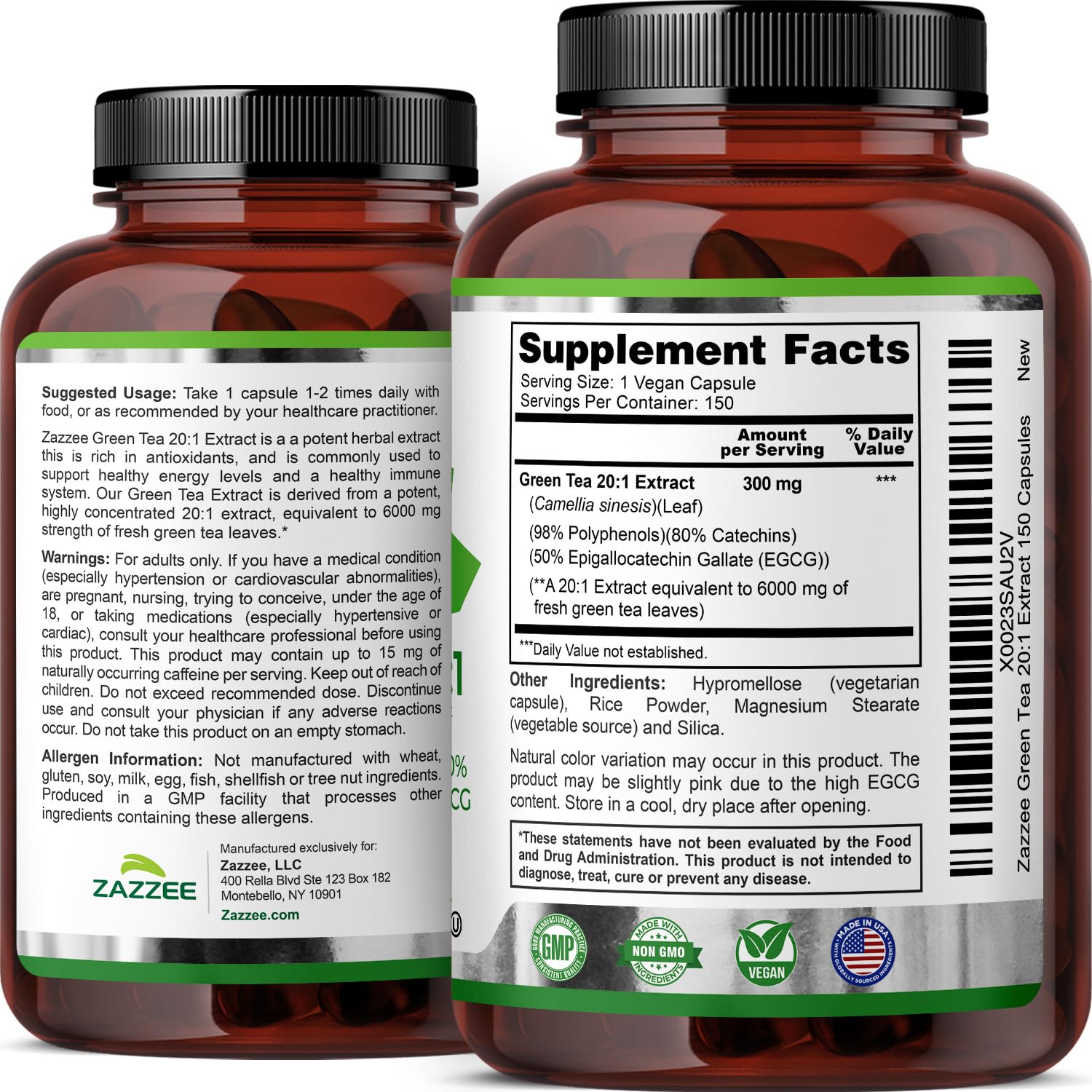 Zazzee Extra Strength Green Tea 20:1 Extract – 6000 mg, 50% EGCG, 150 Capsules, Non-GMO