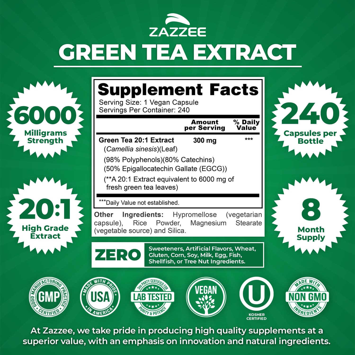 Zazzee Extra Strength Green Tea 20:1 Extract – 6000 mg, 8-Month Supply, 240 Vegan Capsules, 50% EGCG, 98% Polyphenols