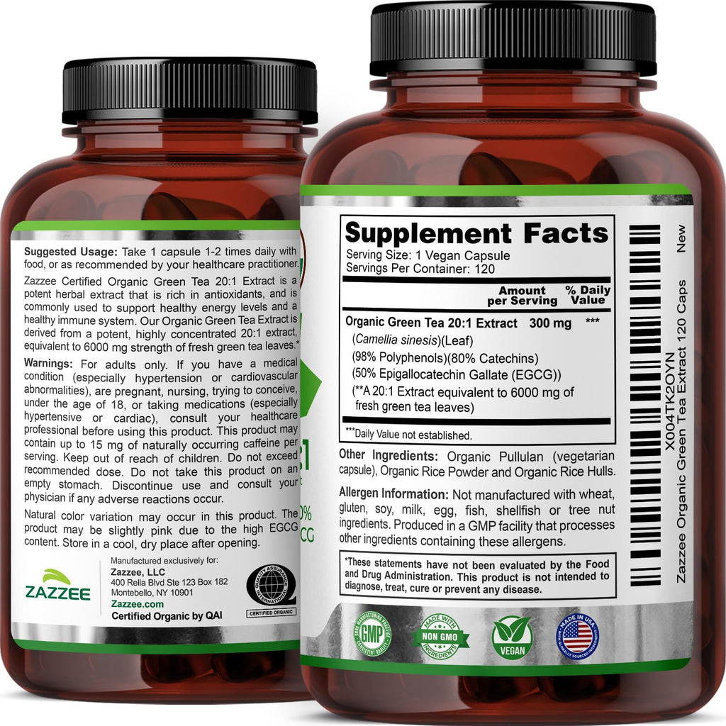 Zazzee USDA Organic Green Tea Extract 6000 mg (20:1) – 120 Capsules, 4 Month Supply, 50% EGCG, 80% Catechins, 98% Polyphenols, Non-GMO
