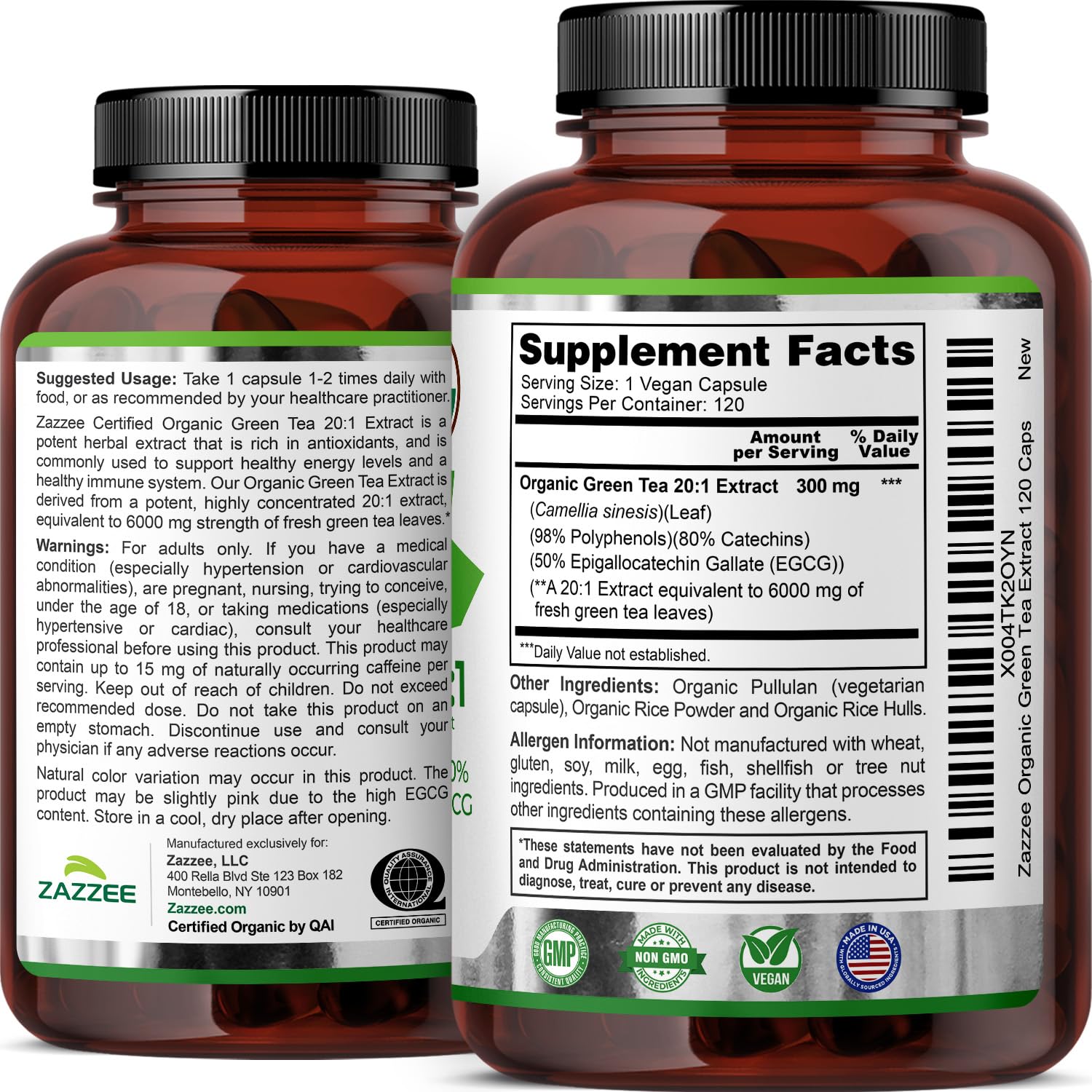 Zazzee USDA Organic Green Tea Extract 6000 mg (20:1) – 120 Capsules, 4 Month Supply, 50% EGCG, 80% Catechins, 98% Polyphenols, Non-GMO
