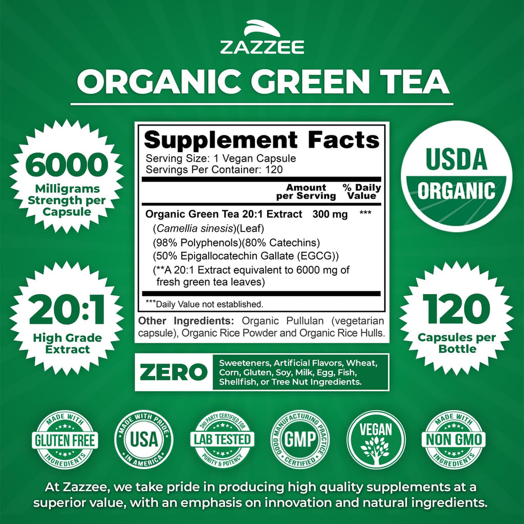 Zazzee USDA Organic Green Tea Extract 6000 mg (20:1) – 120 Capsules, 4 Month Supply, 50% EGCG, 80% Catechins, 98% Polyphenols, Non-GMO