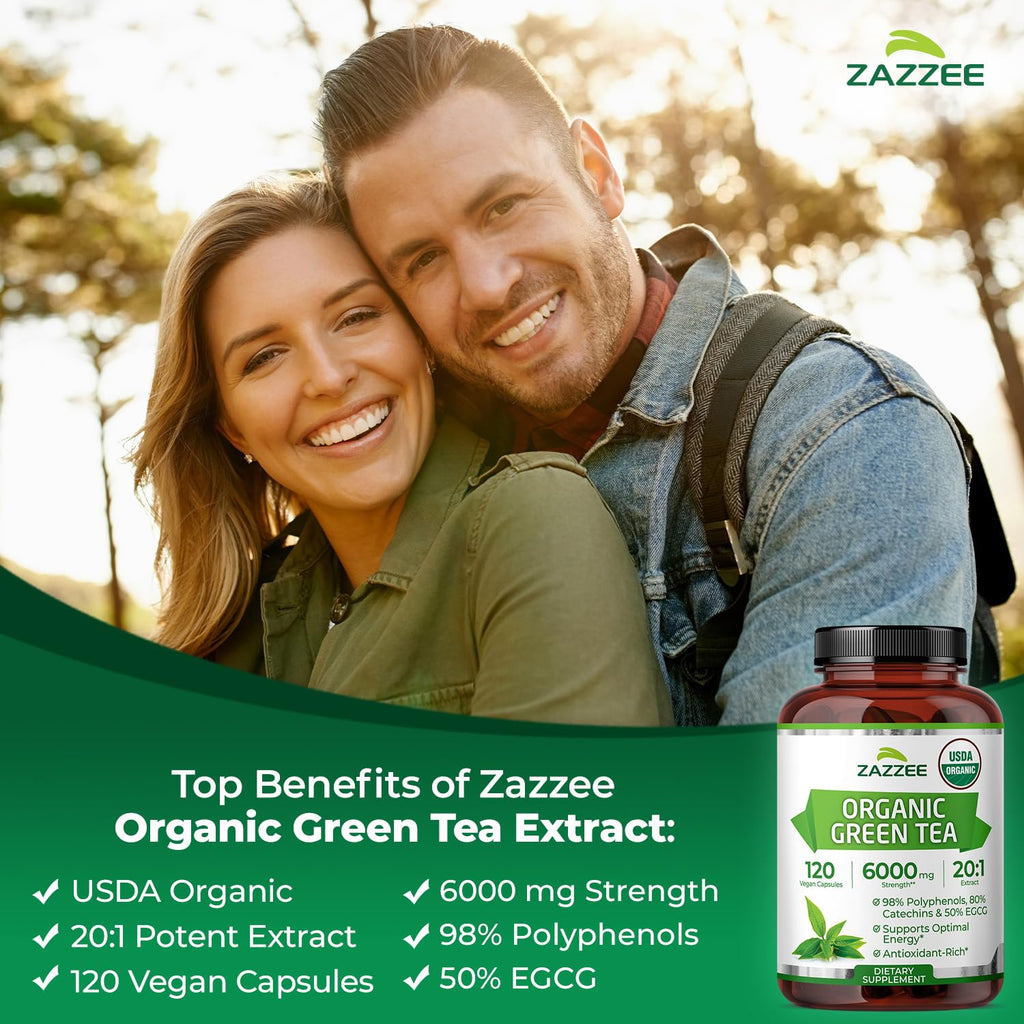 Zazzee USDA Organic Green Tea Extract 6000 mg (20:1) – 120 Capsules, 4 Month Supply, 50% EGCG, 80% Catechins, 98% Polyphenols, Non-GMO