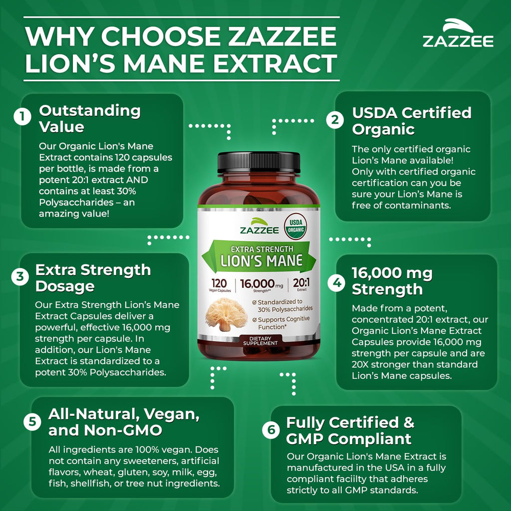 Zazzee USDA Organic Lion's Mane 20:1 Extract – 16,000 mg per Capsule, 120 Vegan Capsules, Made in USA