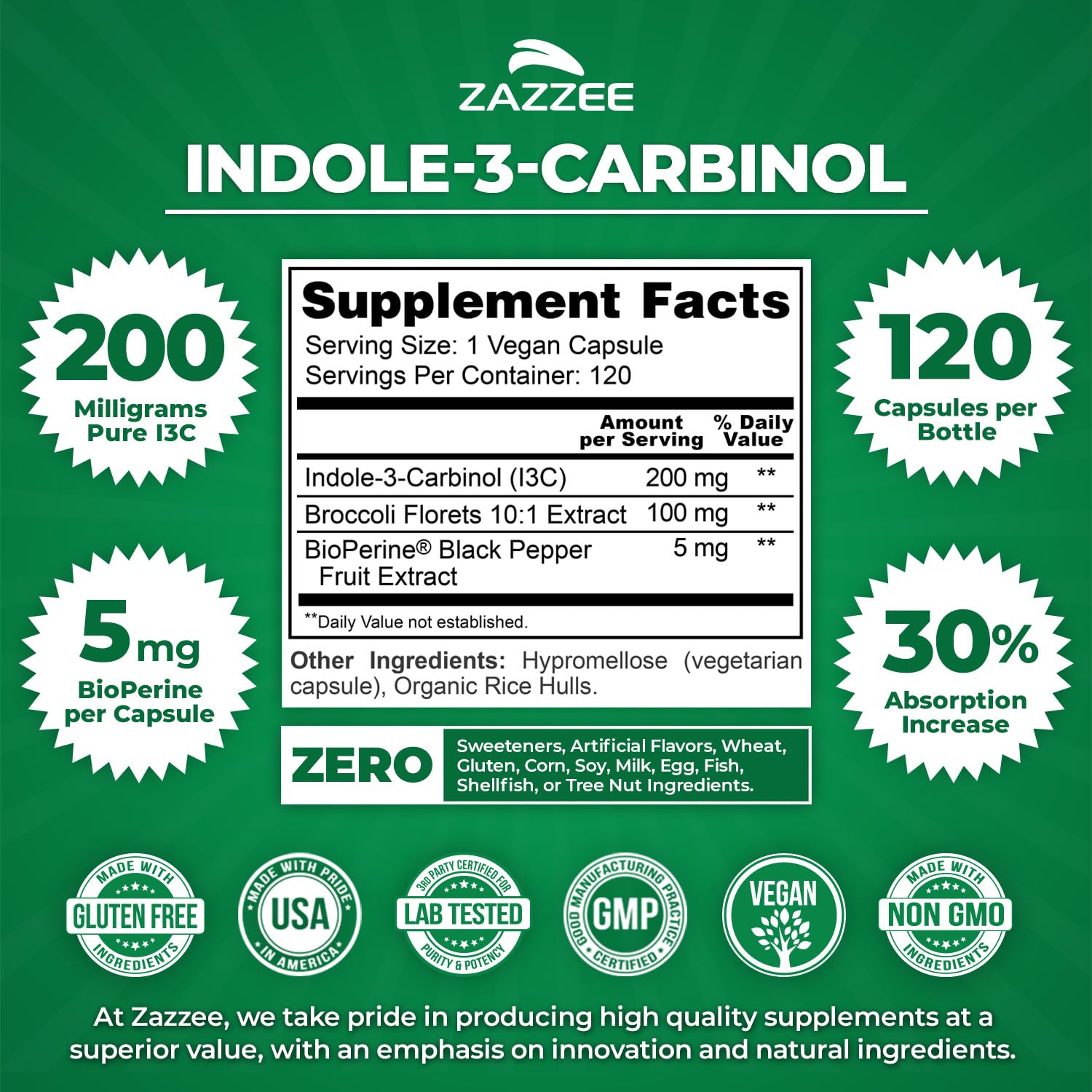 Zazzee Indole-3-Carbinol I3C 200 mg | 120 Vegan Capsules | 5 mg BioPerine