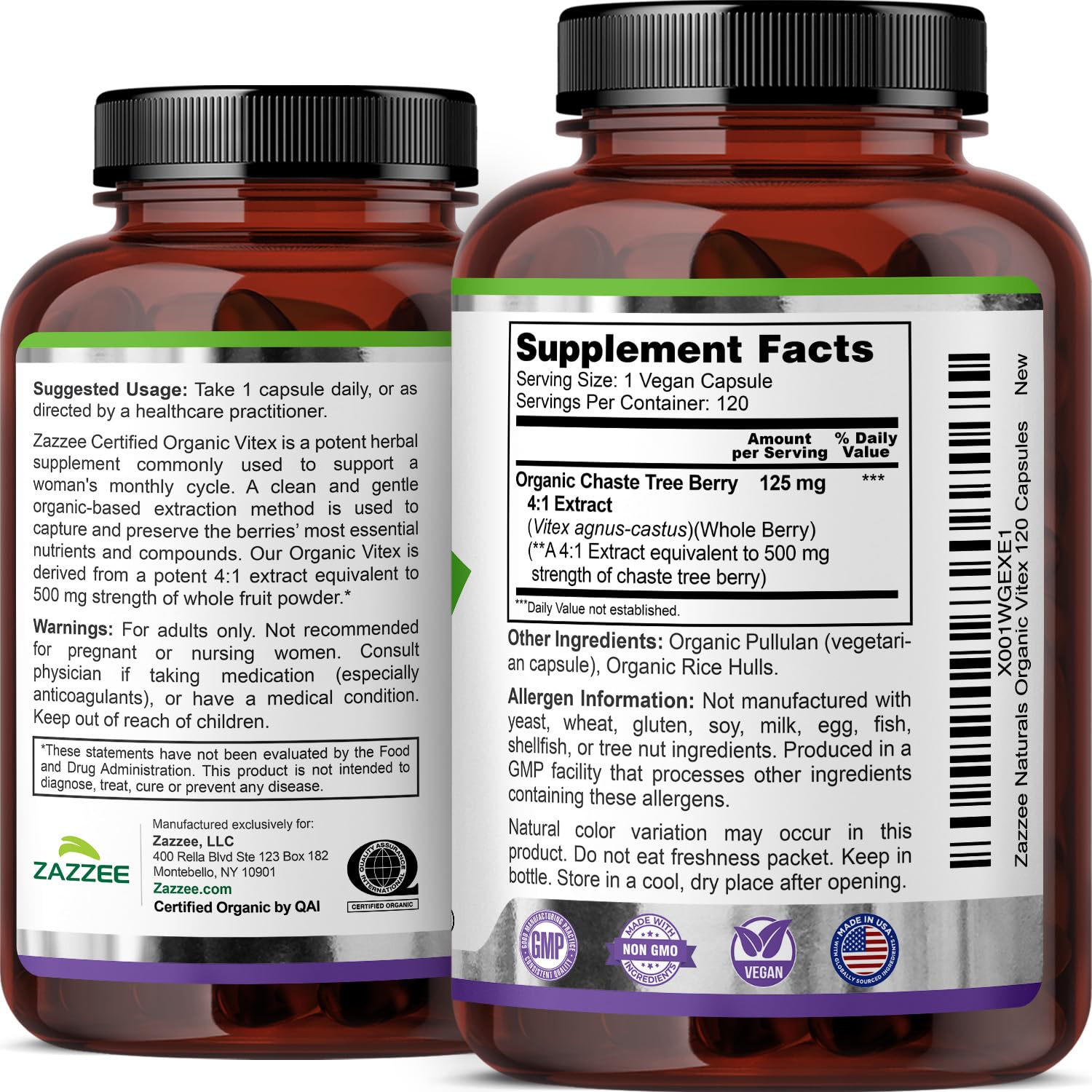 Zazzee USDA Organic Vitex 500 mg | 120 Vegan Capsules | 4-Month Supply