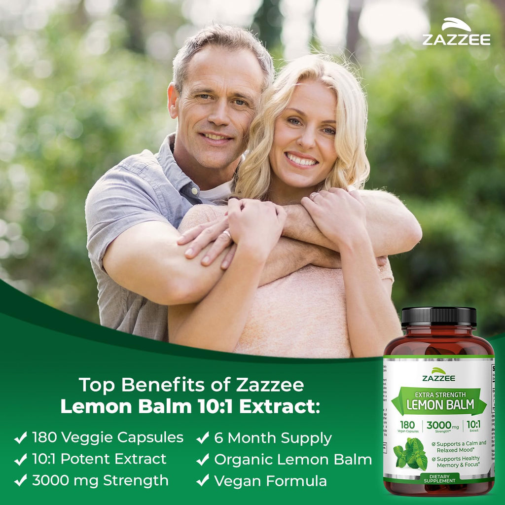 Zazzee Organic Lemon Balm 10:1 Extract – 3000 mg per Capsule, 180 Vegan Capsules