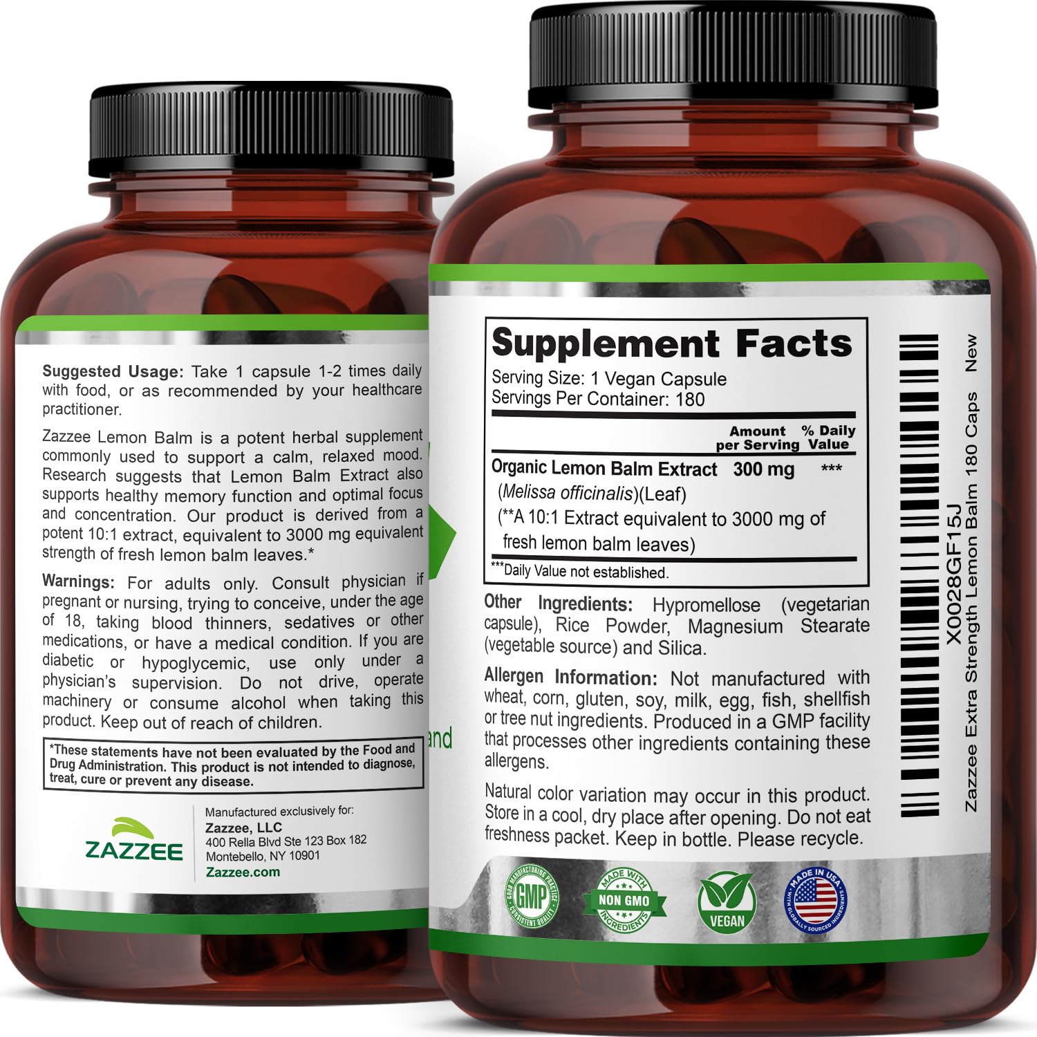 Zazzee Organic Lemon Balm 10:1 Extract – 3000 mg per Capsule, 180 Vegan Capsules