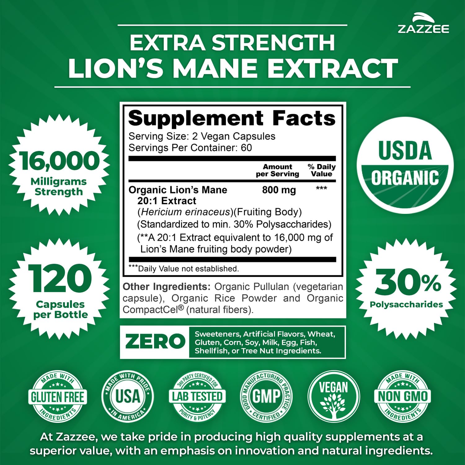 Zazzee USDA Organic Lion's Mane 20:1 Extract – 16,000 mg per Capsule, 120 Vegan Capsules, Made in USA