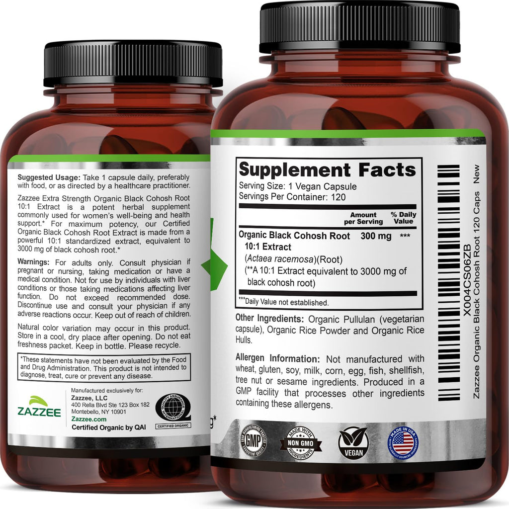 Zazzee USDA Organic Black Cohosh 10:1 Extract – 3000 mg Strength, 120 Capsules, 4 Month Supply | Made in USA