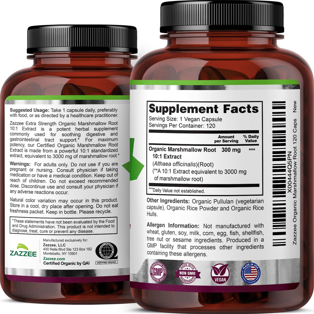Zazzee USDA Organic Marshmallow Root 10:1 Extract – 3000 mg, 120 Veg Capsules