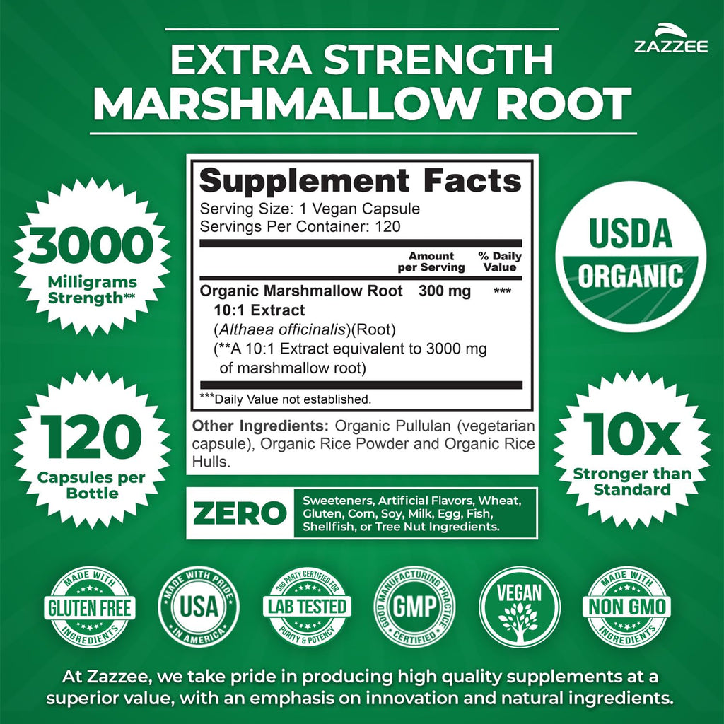 Zazzee USDA Organic Marshmallow Root 10:1 Extract – 3000 mg, 120 Veg Capsules