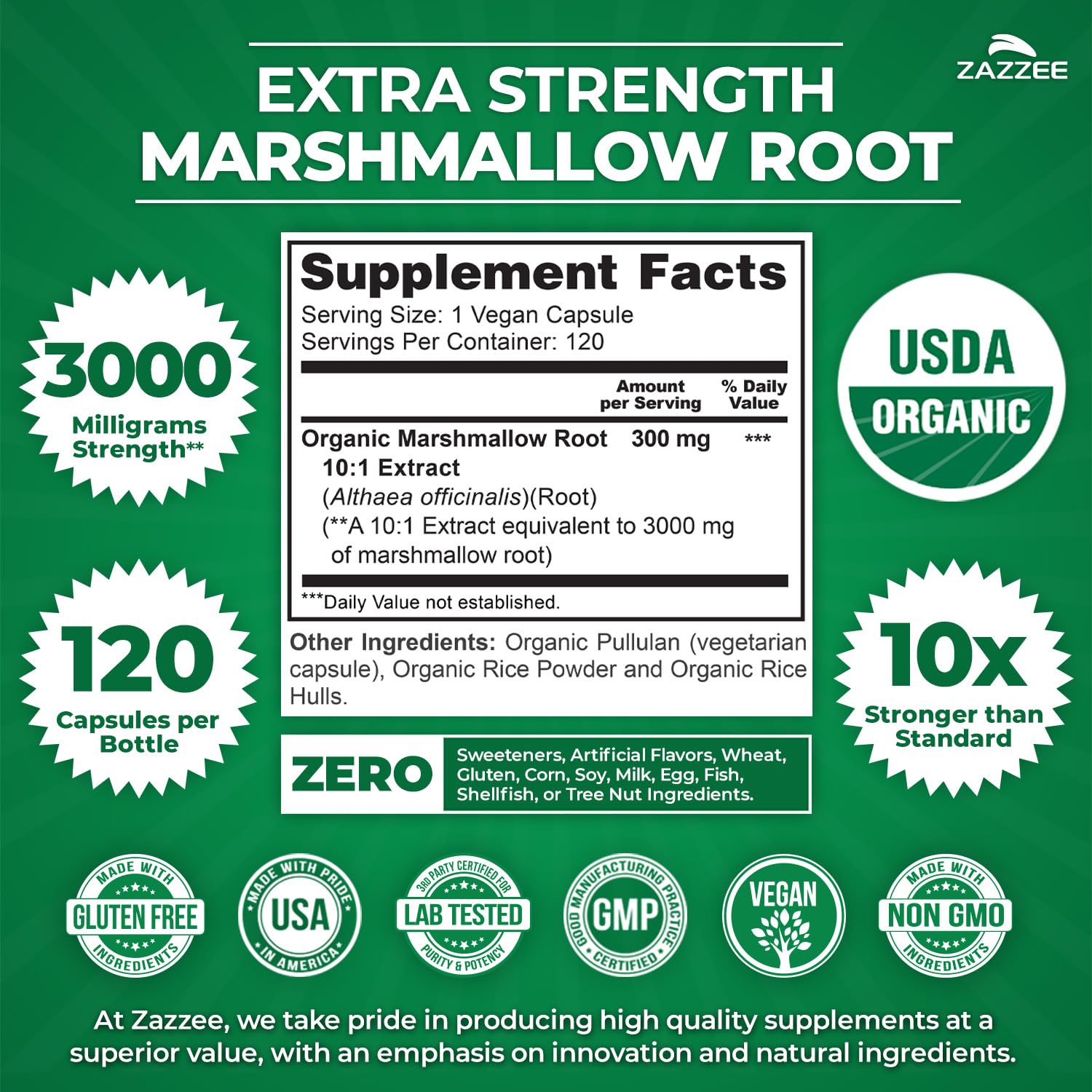 Zazzee USDA Organic Marshmallow Root 10:1 Extract – 3000 mg, 120 Veg Capsules