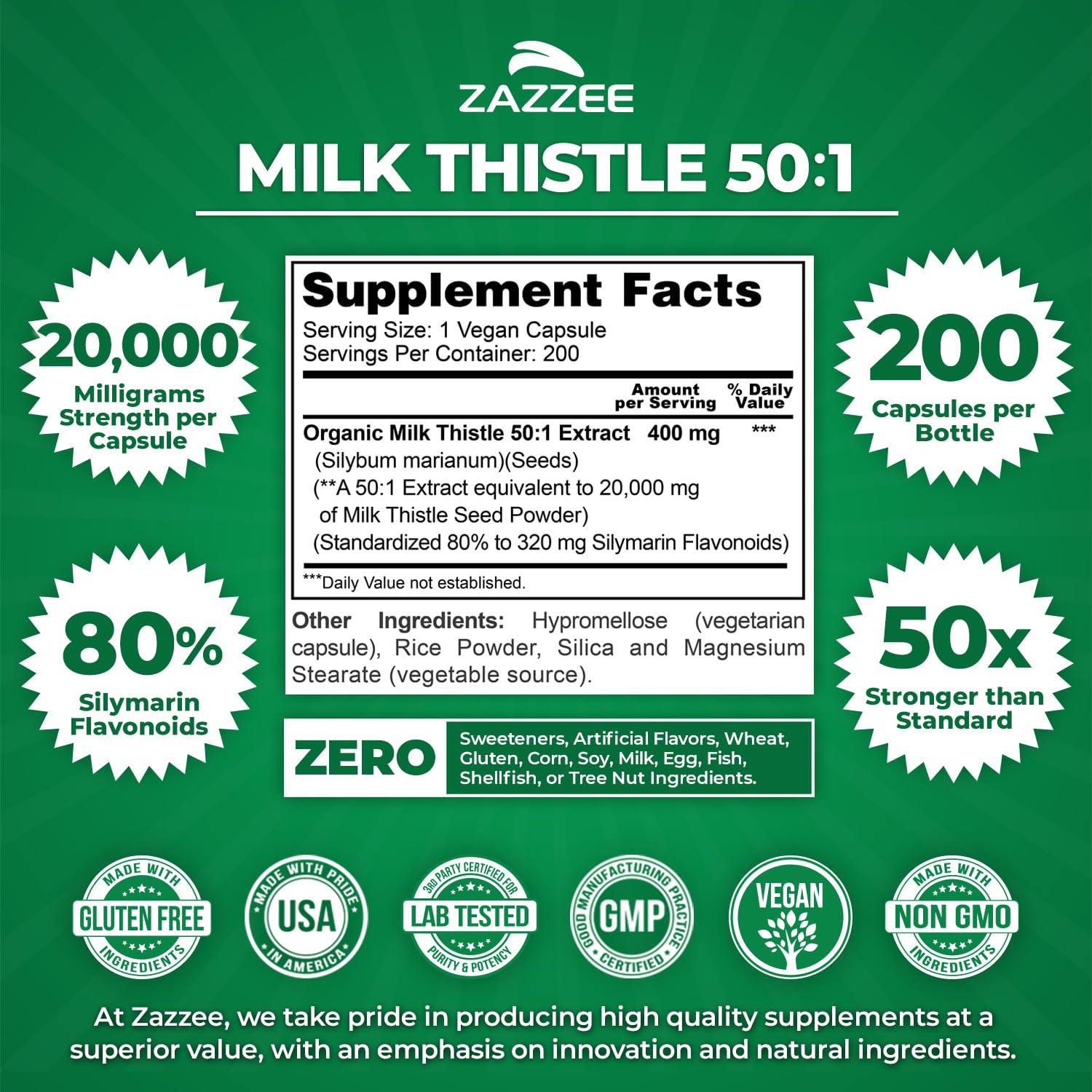 Zazzee Organic Milk Thistle 50:1 Extract – 20,000 mg Strength, 200 Capsules, 80% Silymarin, 6-Month Supply