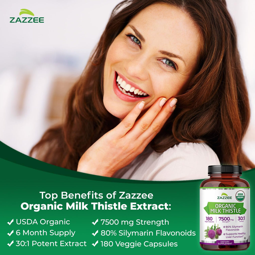 Zazzee USDA Organic Milk Thistle 30:1 Extract – 7500 mg per Capsule, 180 Vegan Capsules, 80% Silymarin, USA Made