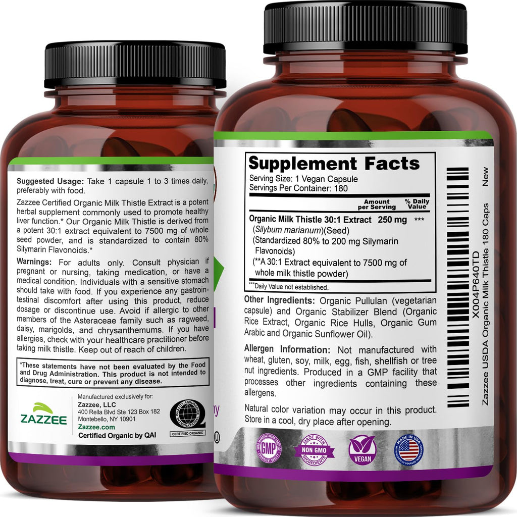 Zazzee USDA Organic Milk Thistle 30:1 Extract – 7500 mg per Capsule, 180 Vegan Capsules, 80% Silymarin, USA Made