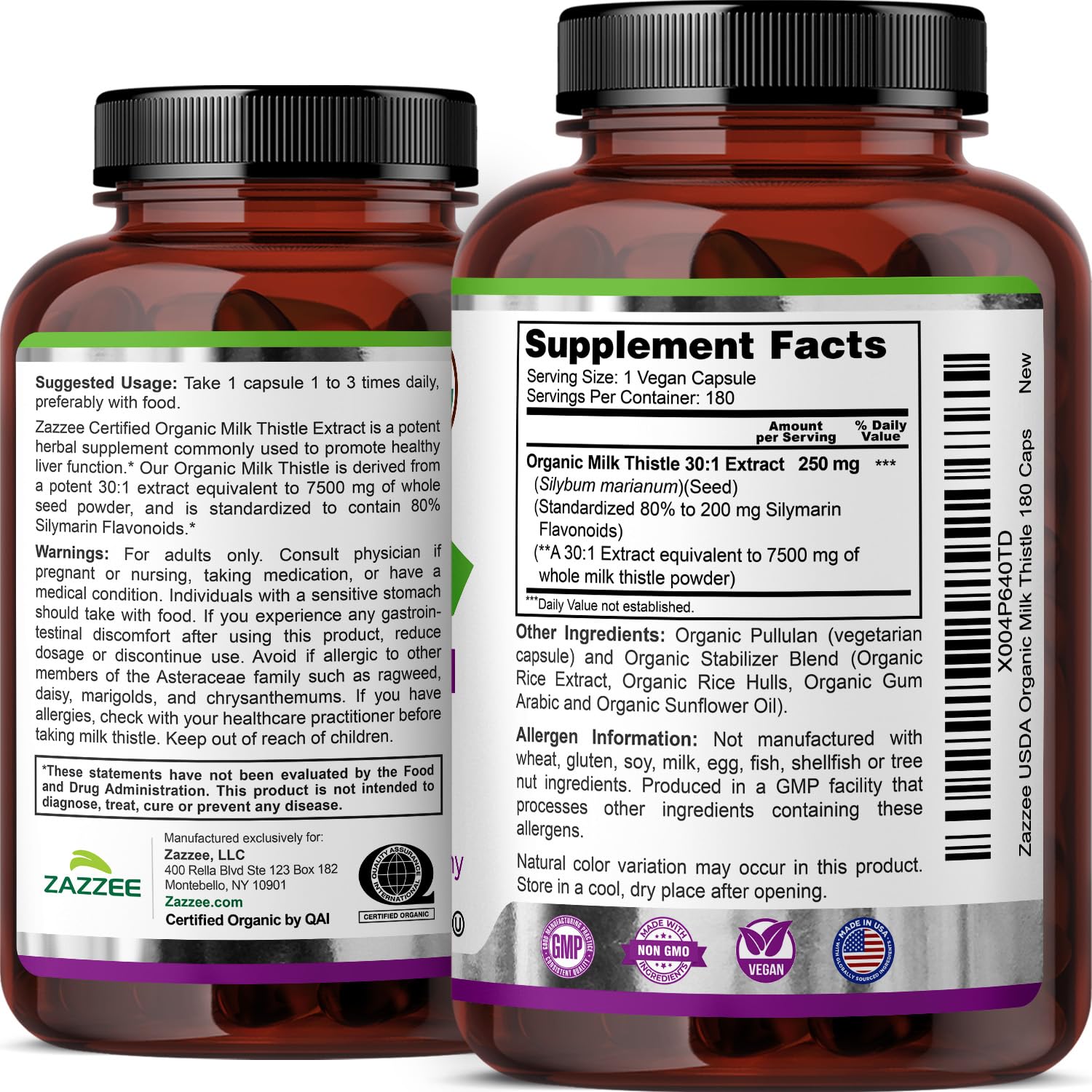 Zazzee USDA Organic Milk Thistle 30:1 Extract – 7500 mg per Capsule, 180 Vegan Capsules, 80% Silymarin, USA Made