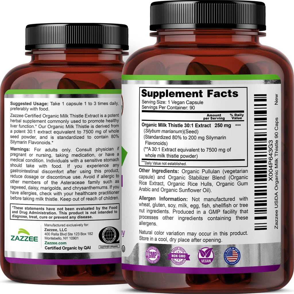 Zazzee USDA Organic Milk Thistle 30:1 Extract – 7500 mg, 90 Vegan Capsules, USA Made