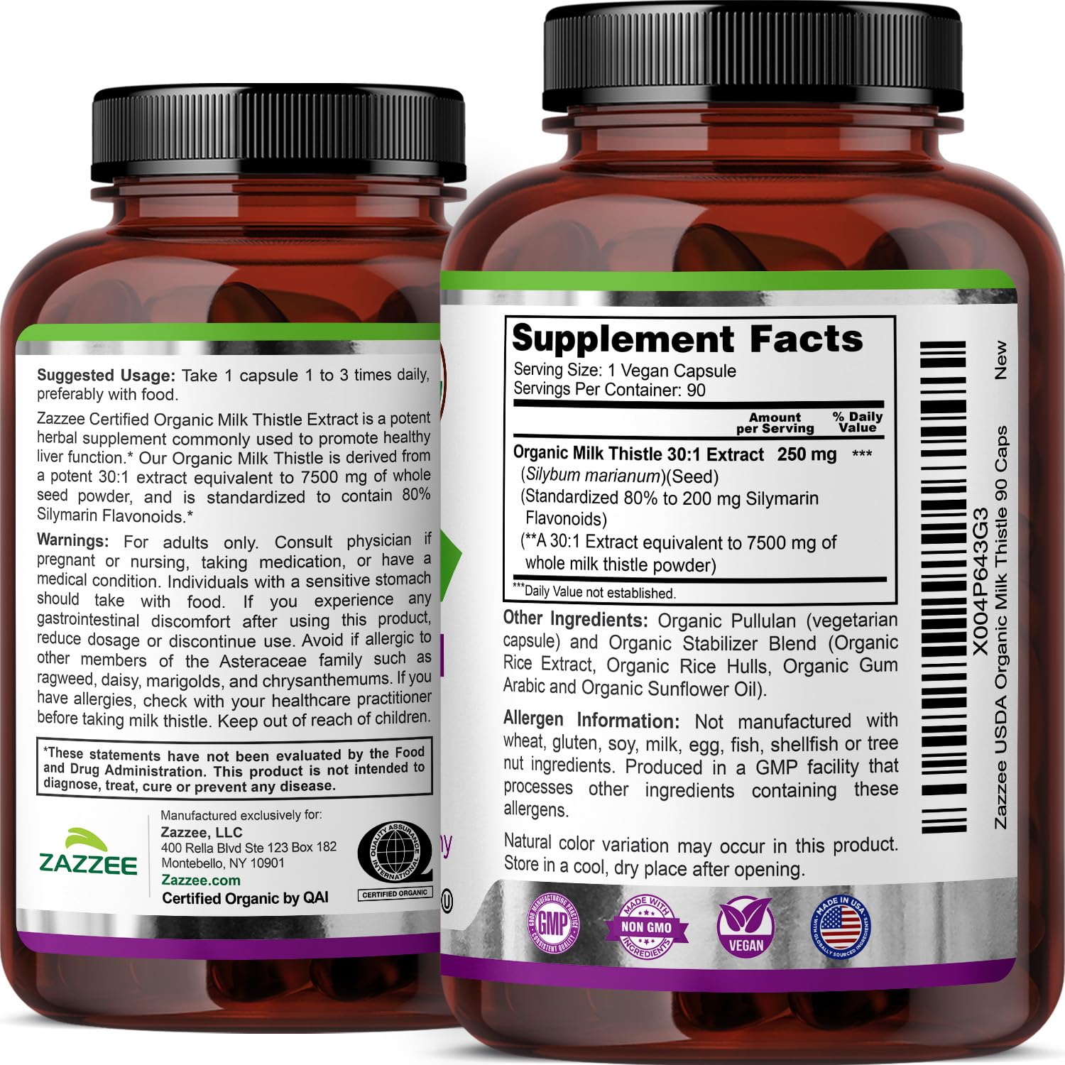 Zazzee USDA Organic Milk Thistle 30:1 Extract – 7500 mg, 90 Vegan Capsules, USA Made