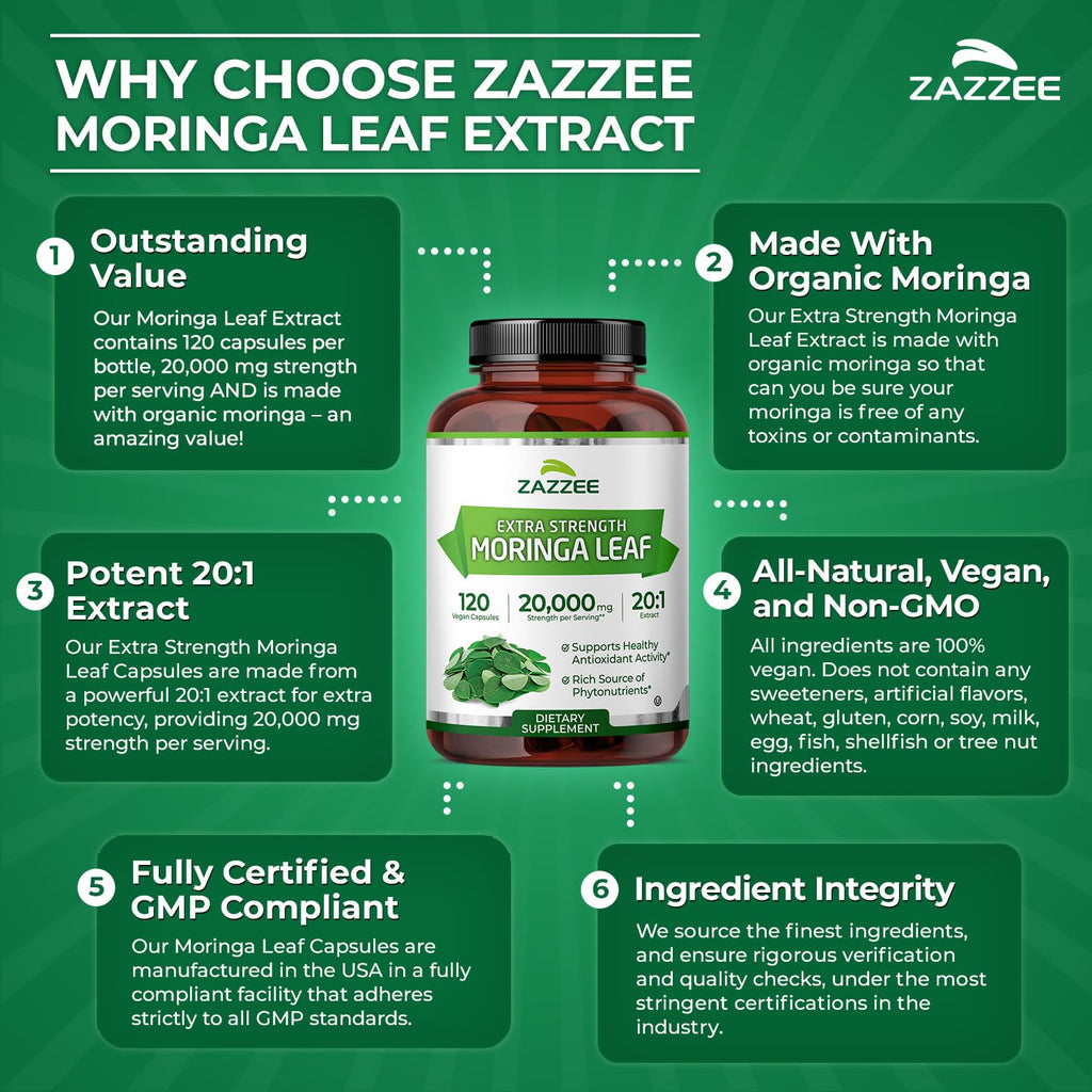 Zazzee Organic Moringa 20:1 Extract – 20,000 mg Strength, 120 Vegan Capsules, USA Made