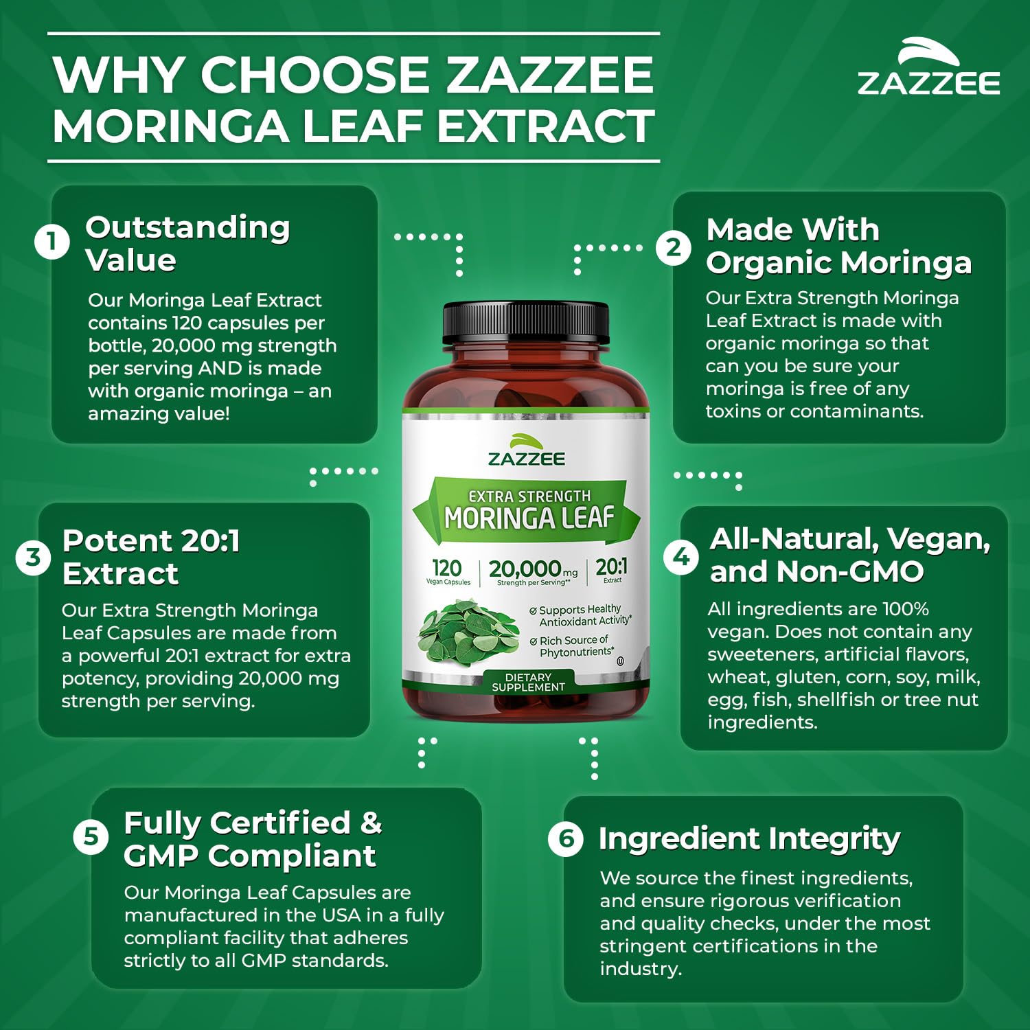 Zazzee Organic Moringa 20:1 Extract – 20,000 mg Strength, 120 Vegan Capsules, USA Made