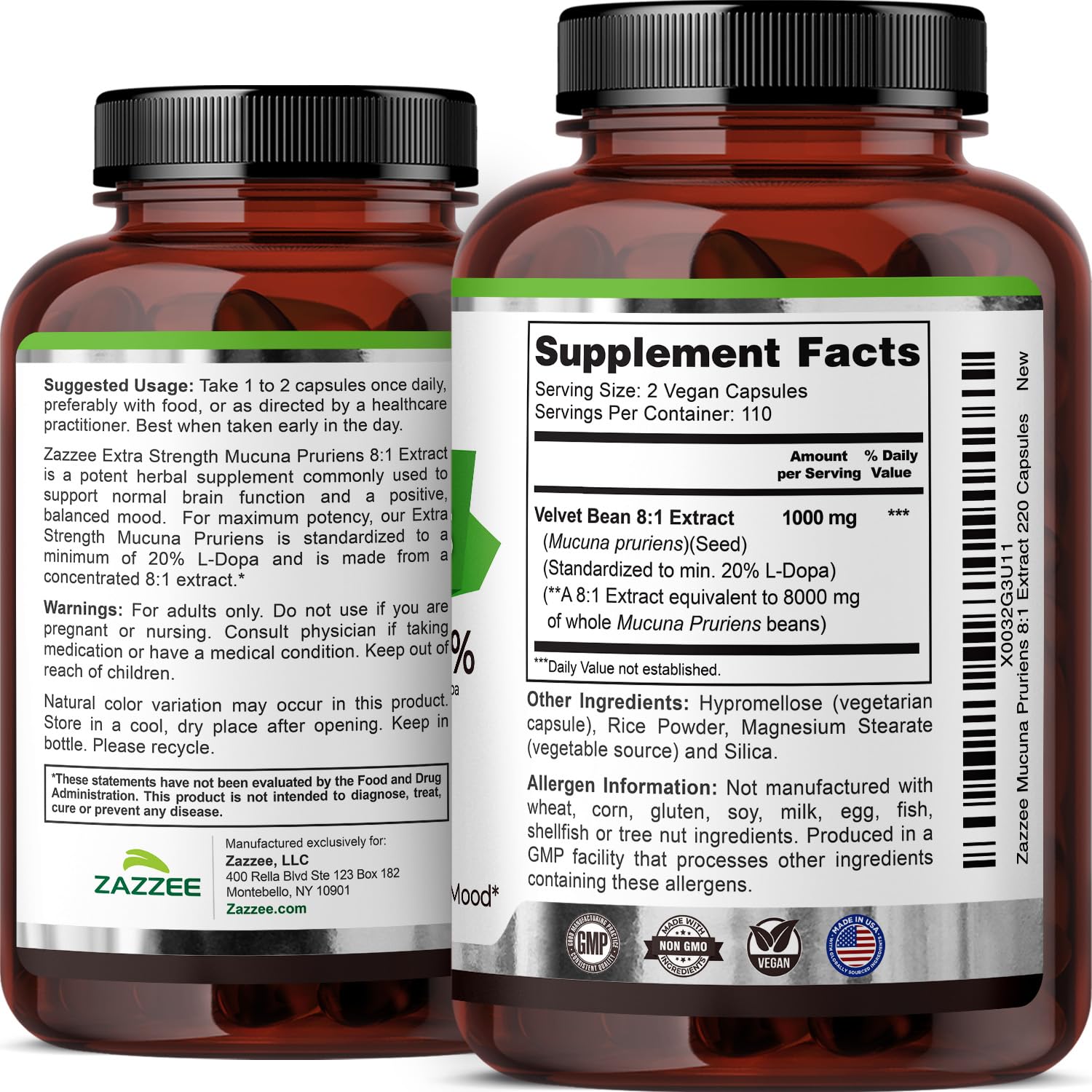 Zazzee Extra Strength Mucuna Pruriens 8:1 Extract – 1000 mg, 20% L-DOPA, 220 Veg Capsules, 110 Day Supply