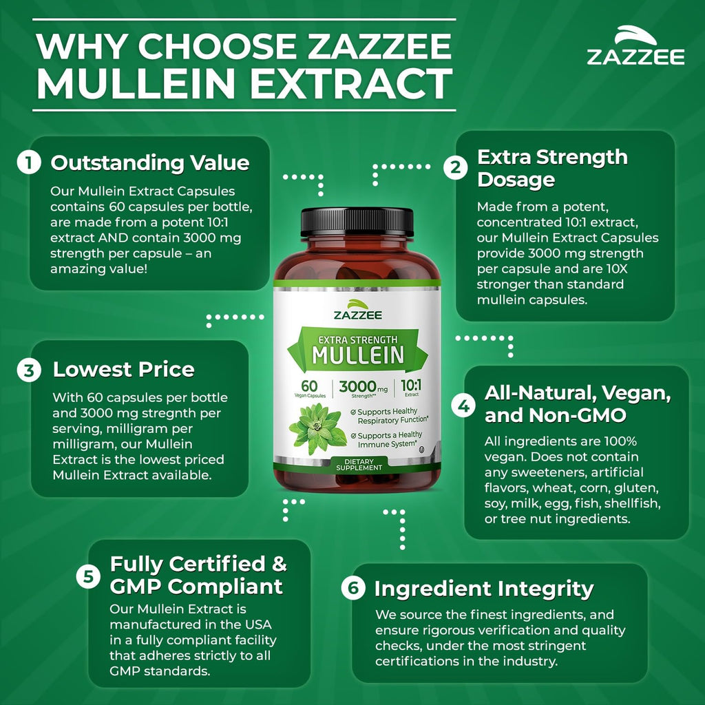 Zazzee Extra Strength Mullein 10:1 Extract – 3000 mg, 60 Vegan Capsules, Made in USA