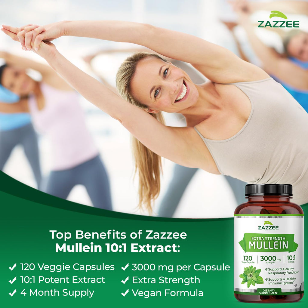 Zazzee Extra Strength Mullein 3000 mg – 120 Veg Capsules (4 Month) | 10:1 Extract