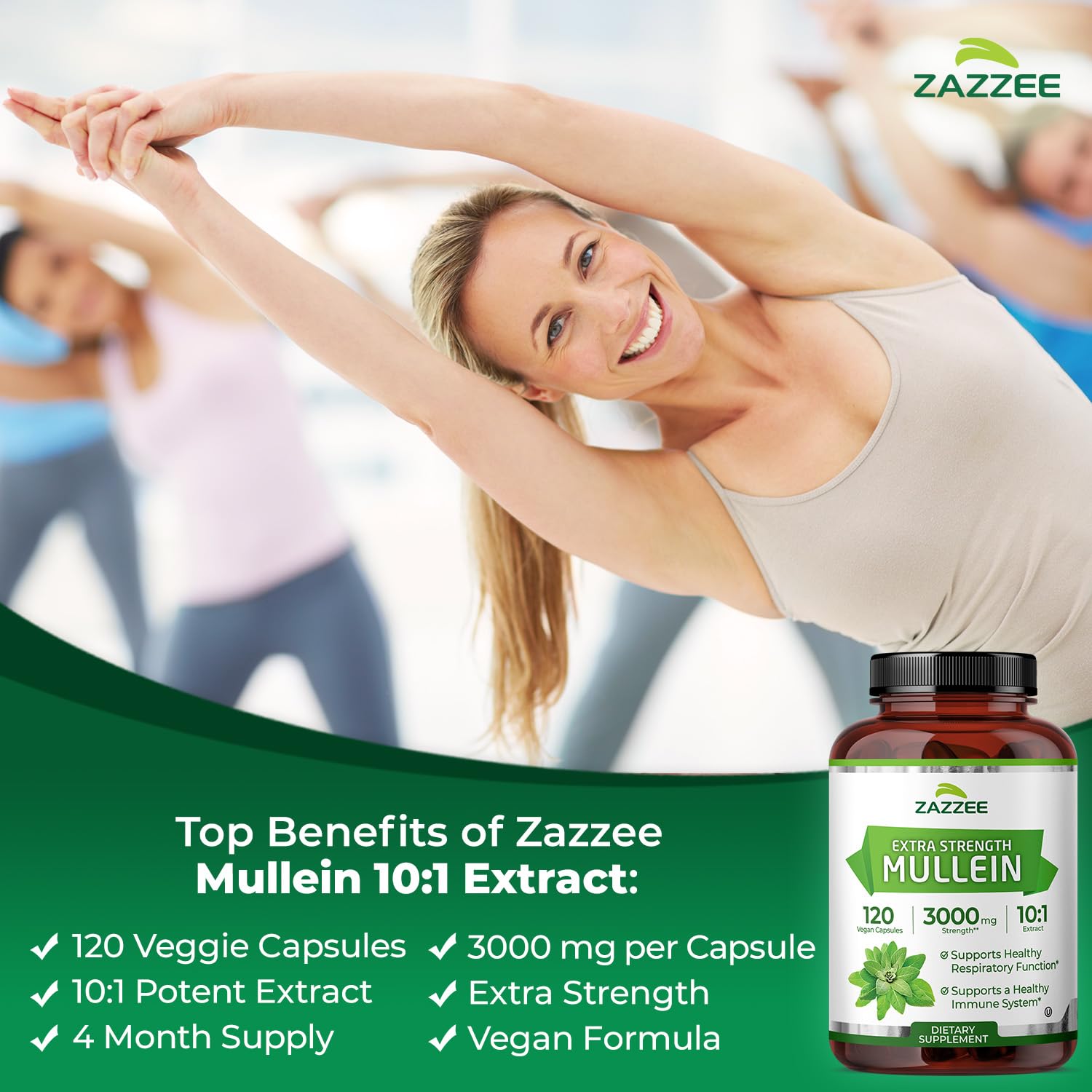 Zazzee Extra Strength Mullein 3000 mg – 120 Veg Capsules (4 Month) | 10:1 Extract